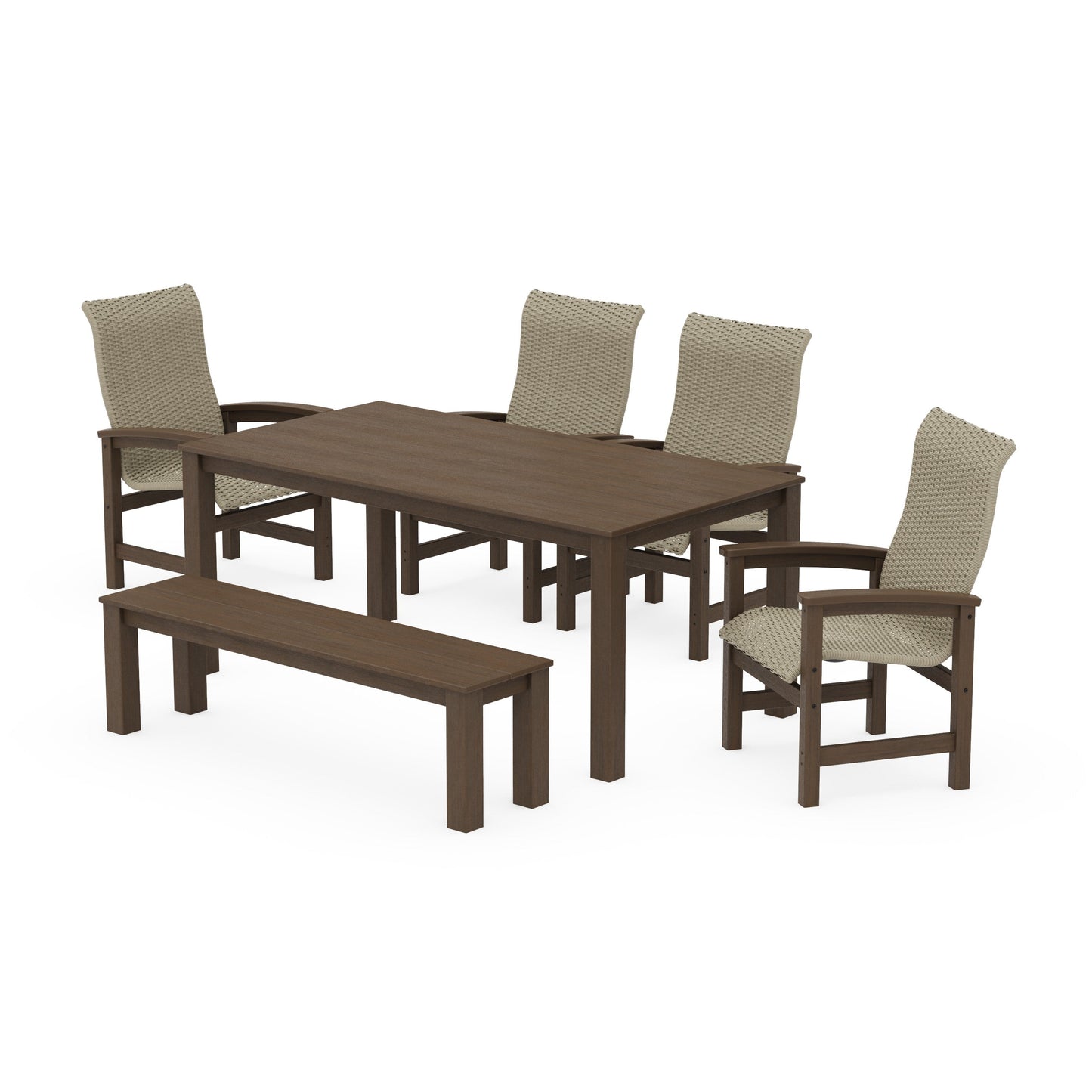 POLYWOOD Coastal Woven High-Back 6-Piece Parsons Dining Set with Bench — Kona / Dune Grass