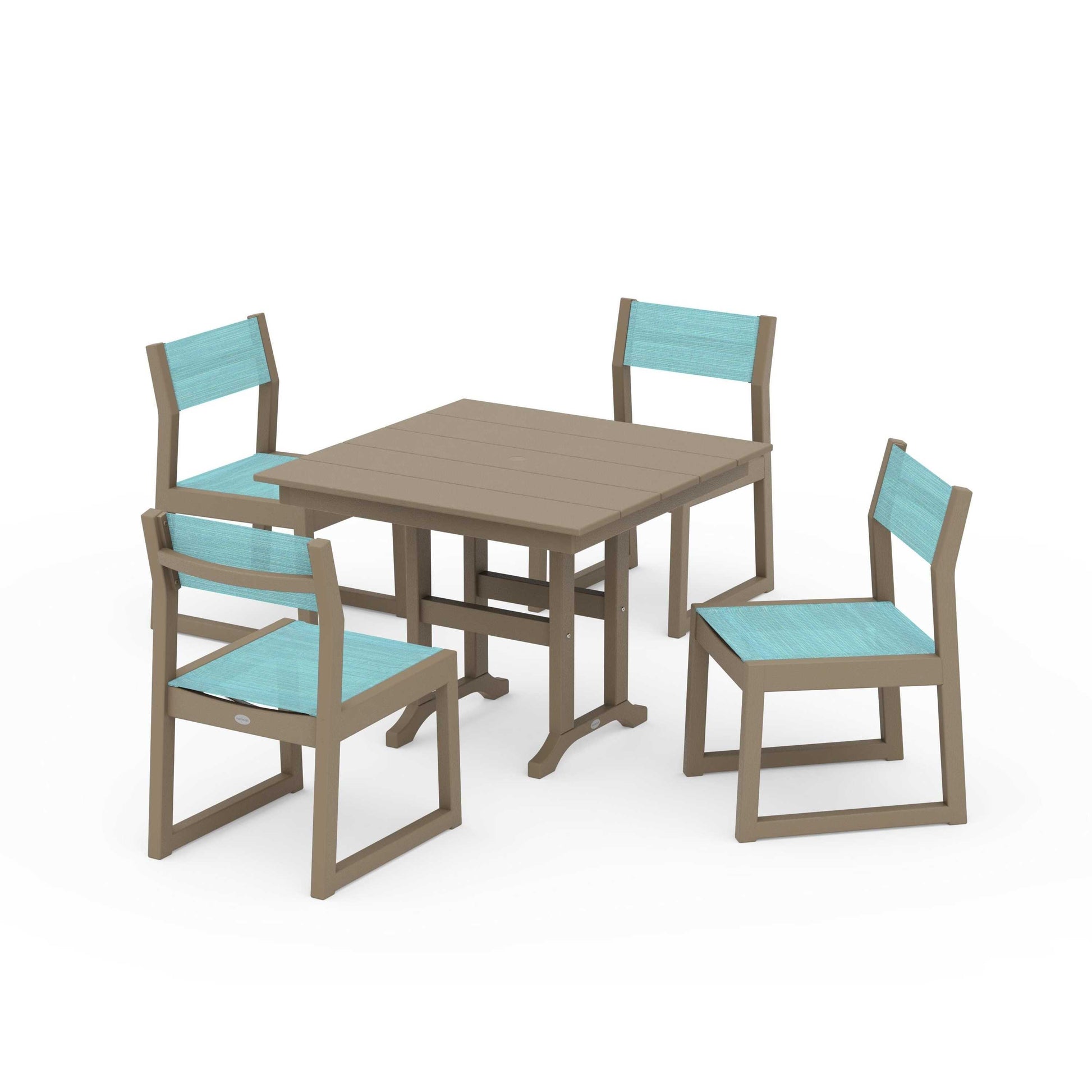 POLYWOOD EDGE Sling Side Chair 5-Piece Farmhouse Dining Set — Vintage Sahara / Dupioni Aquamarine Sling
