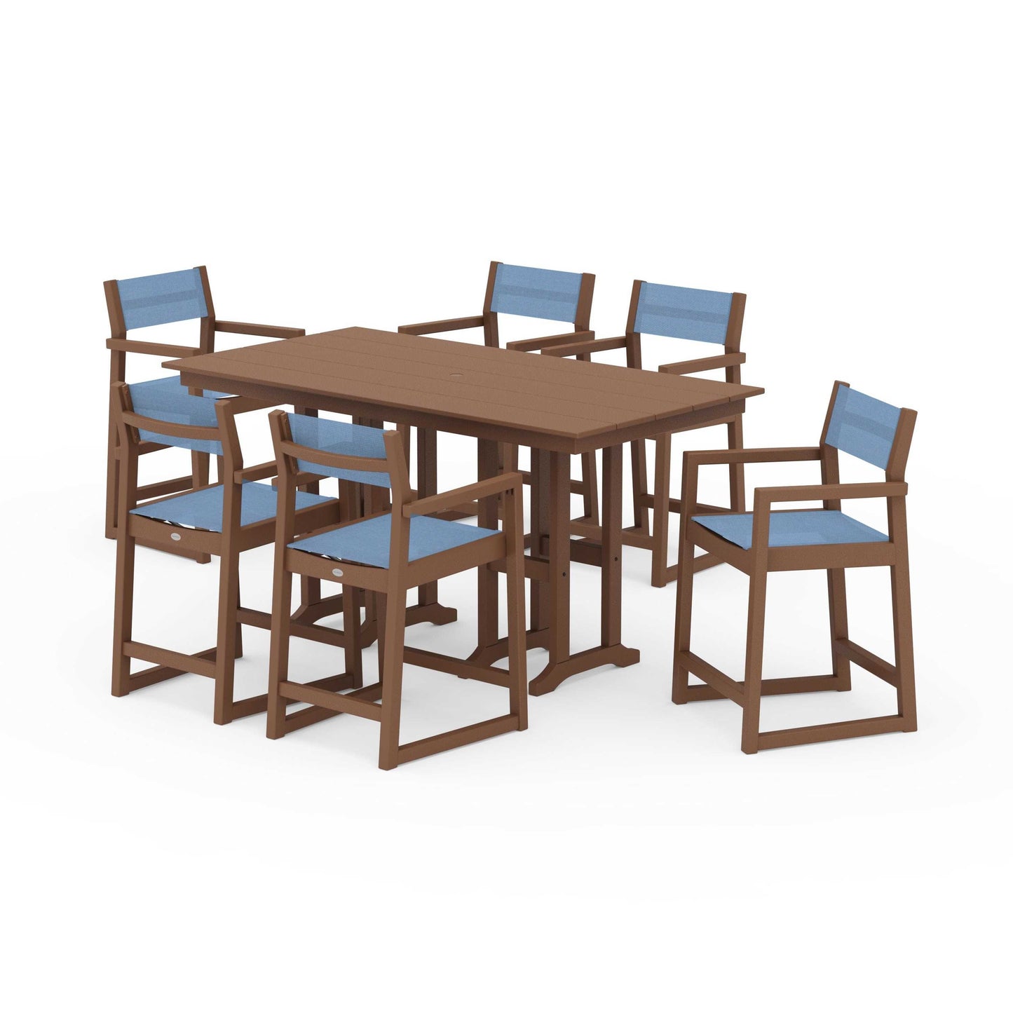 POLYWOOD EDGE Sling Arm Chair 7-Piece Farmhouse Counter Set — Teak / Poolside Sling