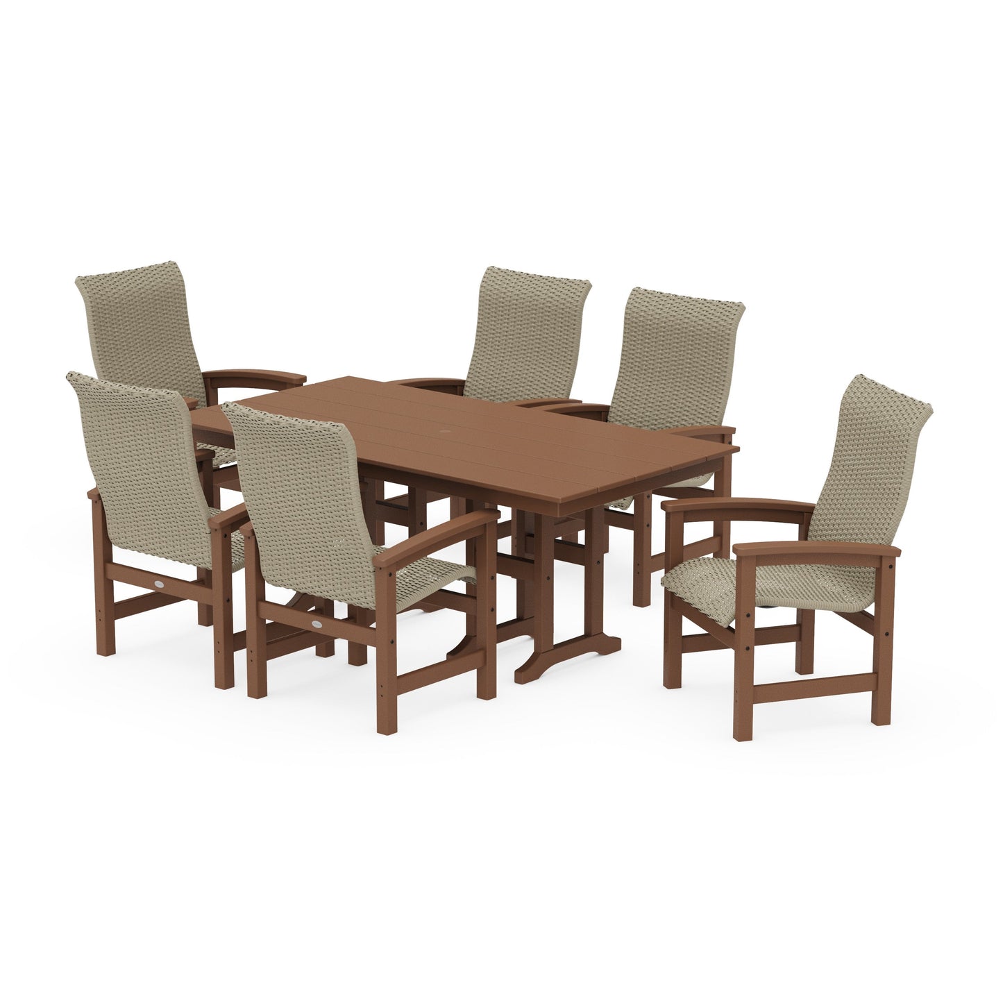 POLYWOOD Coastal Woven High-Back Arm Chair 7-Piece Farmhouse Dining Set — Teak / Dune Grass