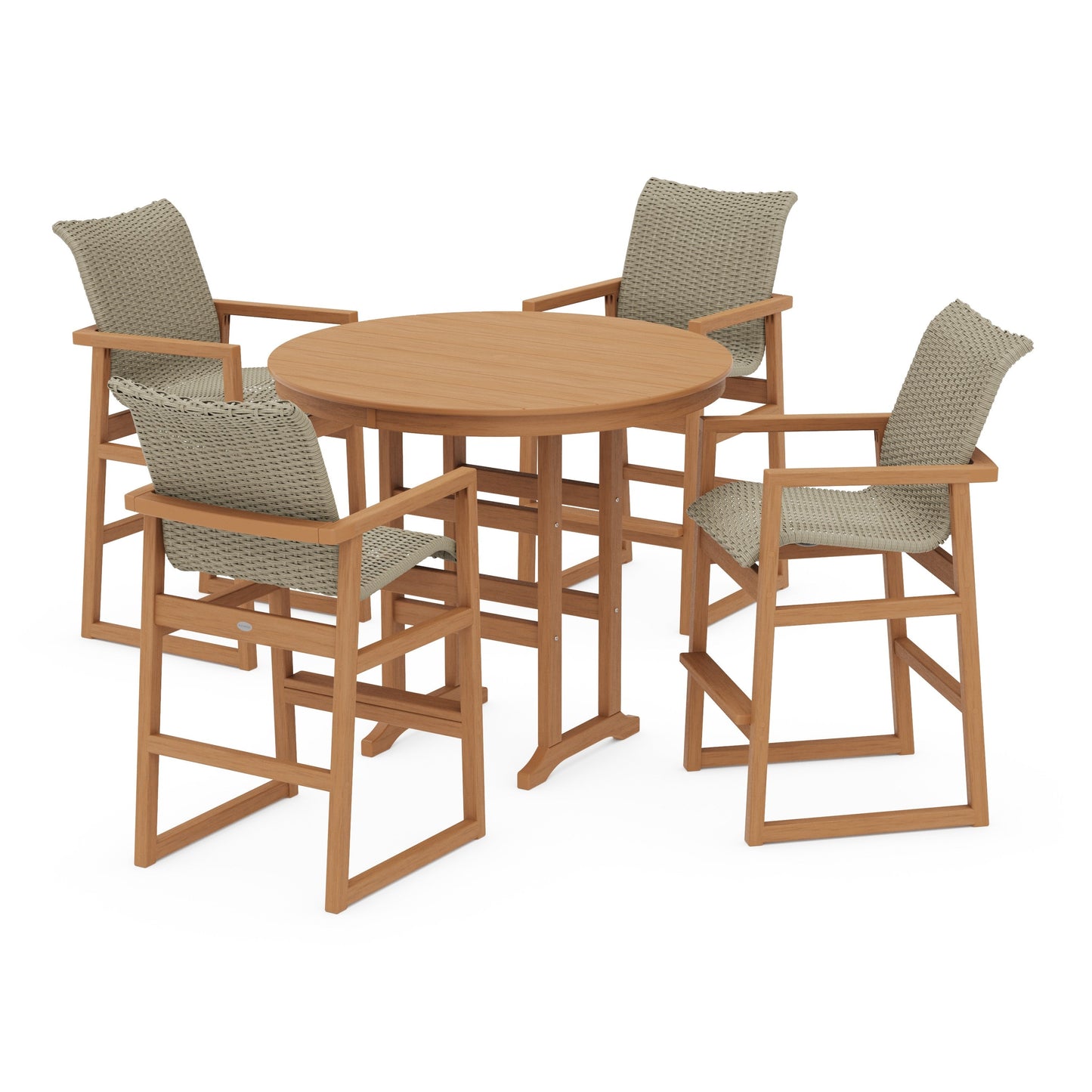 POLYWOOD EDGE Woven 5-Piece Round Farmhouse Bar Set — Natural / Dune Grass