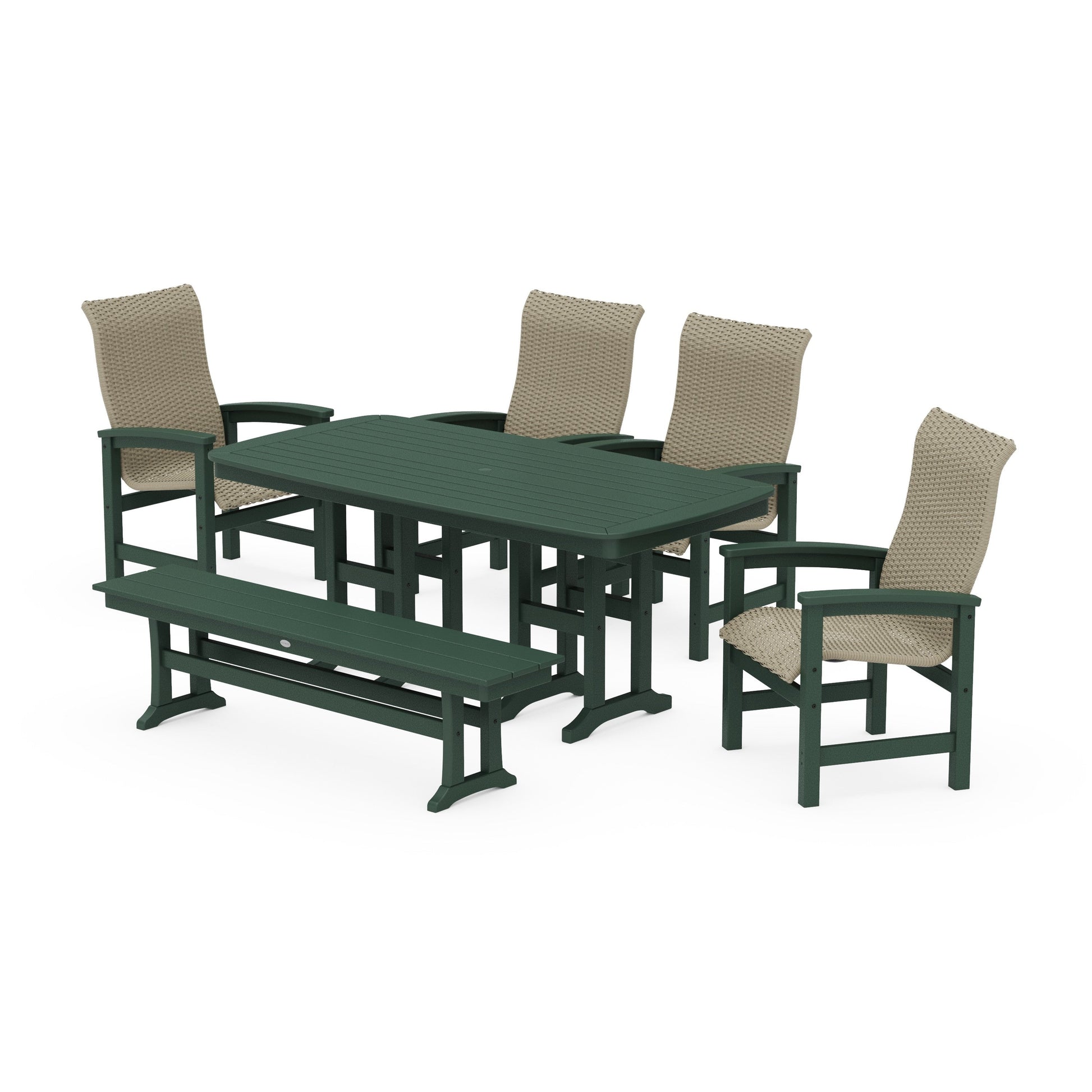 POLYWOOD Coastal Woven High-Back 6-Piece Farmhouse Dining Set with Bench — Green / Dune Grass