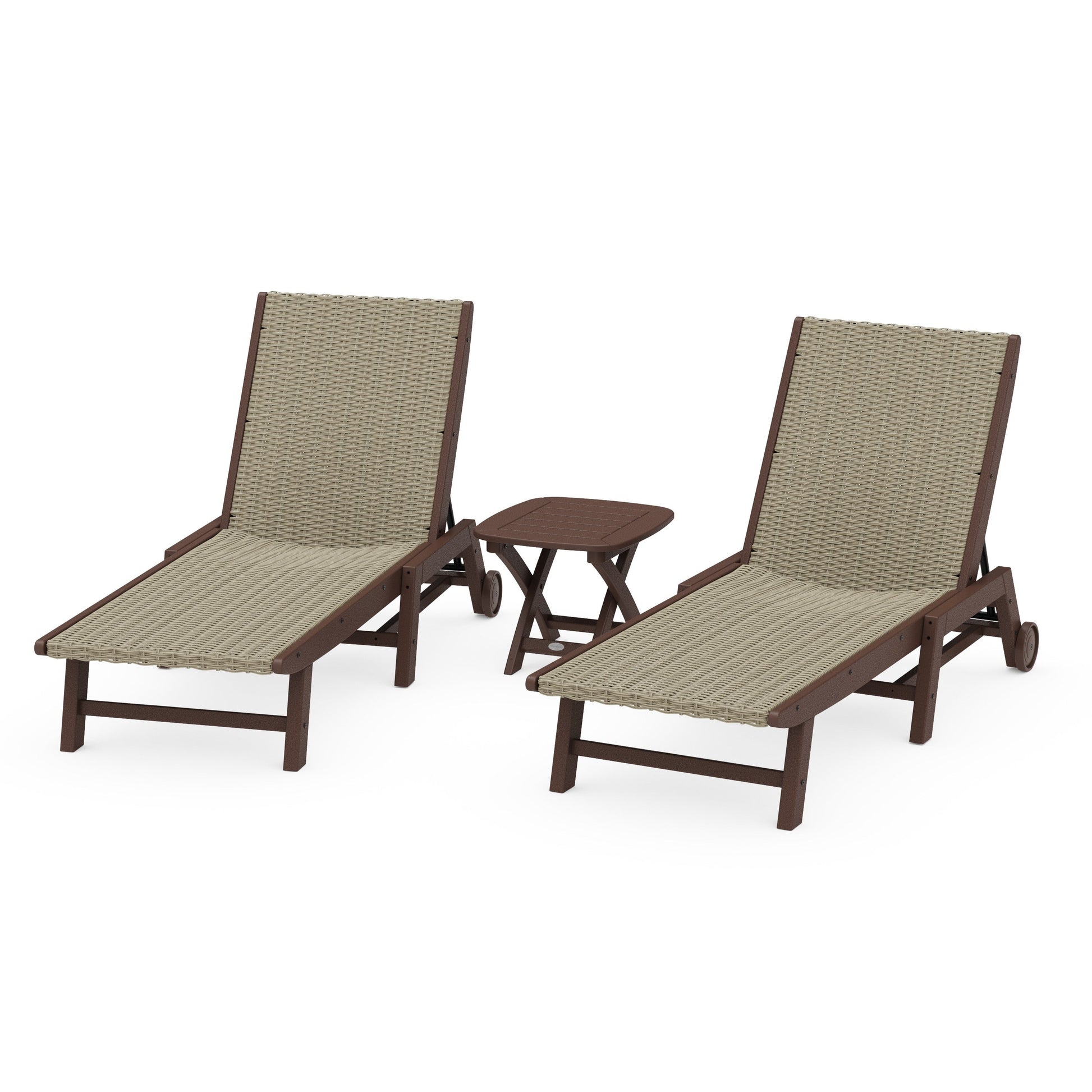 POLYWOOD 3 - Piece Coastal Woven Chaise with Wheels Chaise Lounge Set — Mahogany / Dune Grass