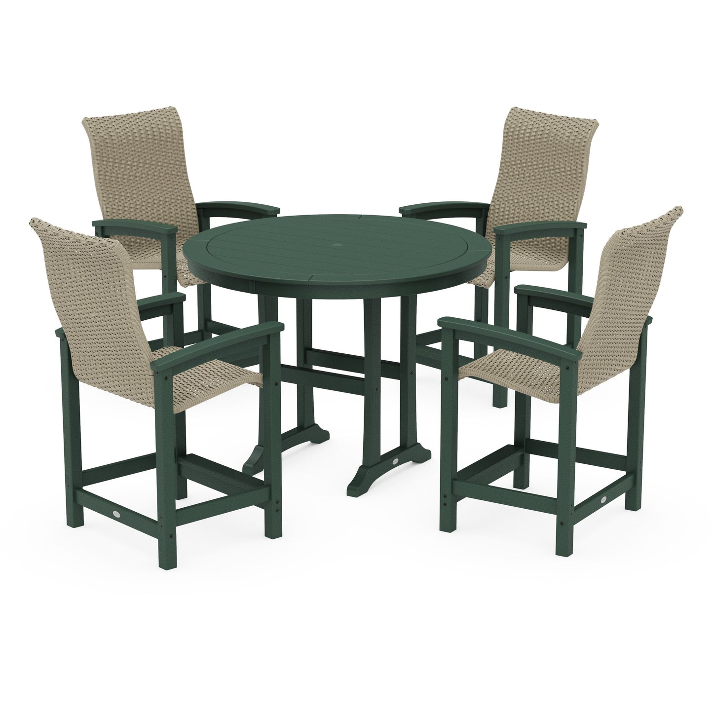 POLYWOOD Coastal Woven High-Back 5-Piece Round Counter Set — Green / Dune Grass