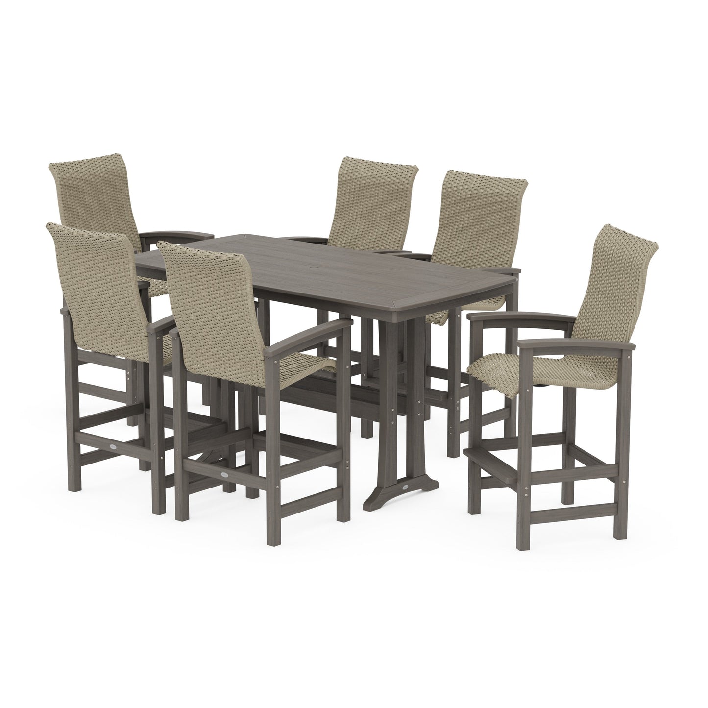 POLYWOOD Coastal Woven High-Back Arm Chair 7-Piece Bar Set with Trestle Legs — Driftwood / Dune Grass