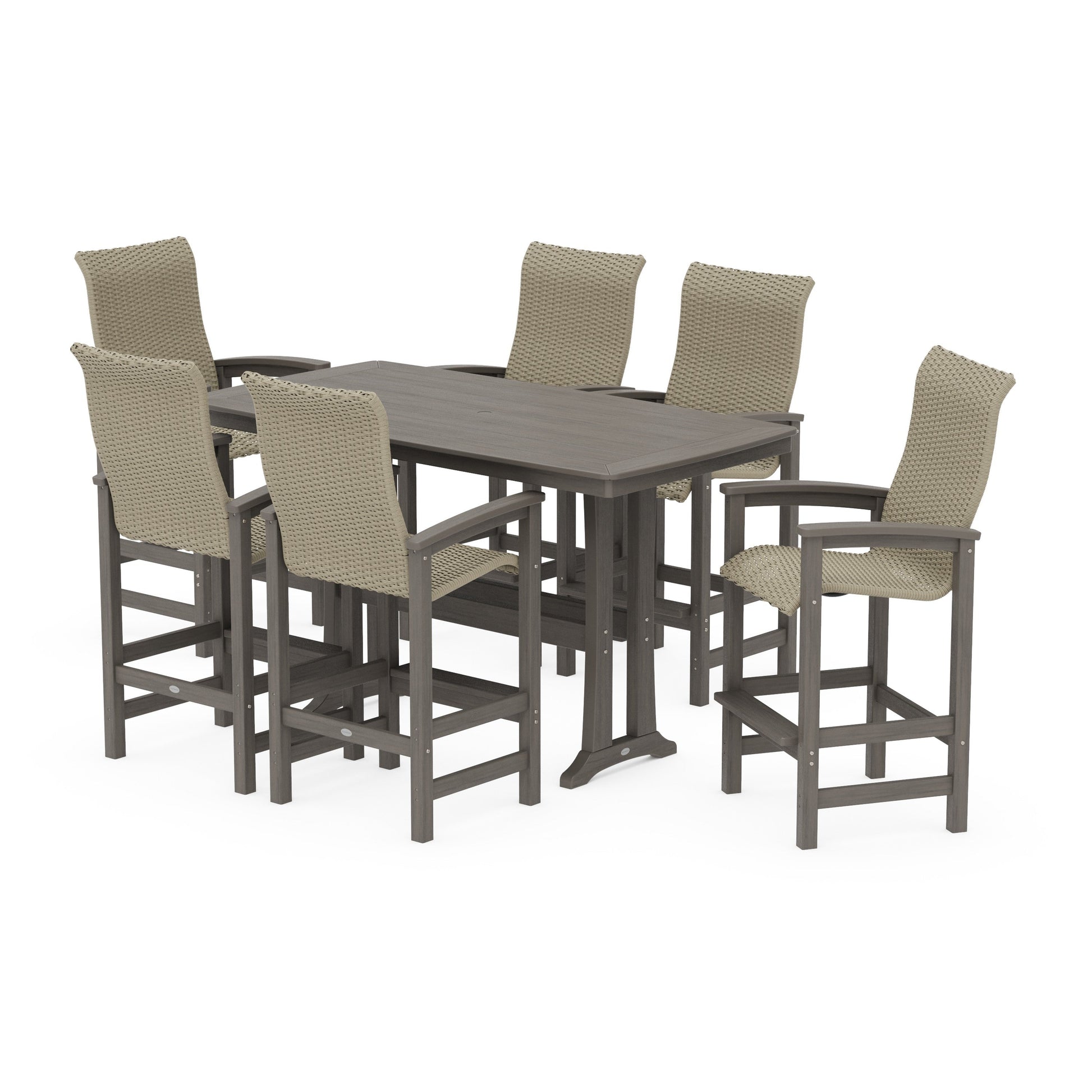 POLYWOOD Coastal Woven High-Back Arm Chair 7-Piece Bar Set with Trestle Legs — Driftwood / Dune Grass