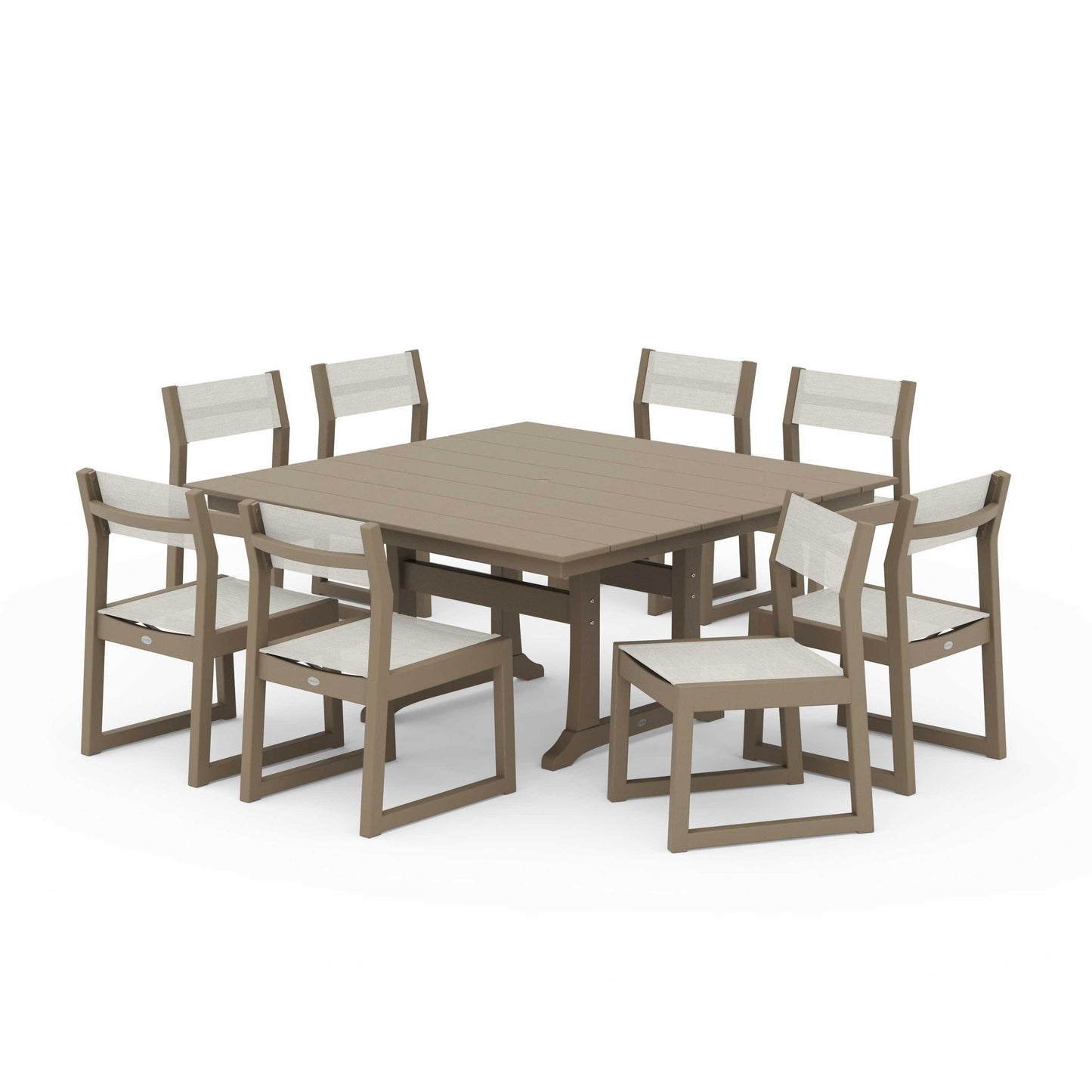 POLYWOOD EDGE Sling Side Chair 9-Piece Farmhouse Trestle Dining Set — Vintage Sahara / Parchment Sling