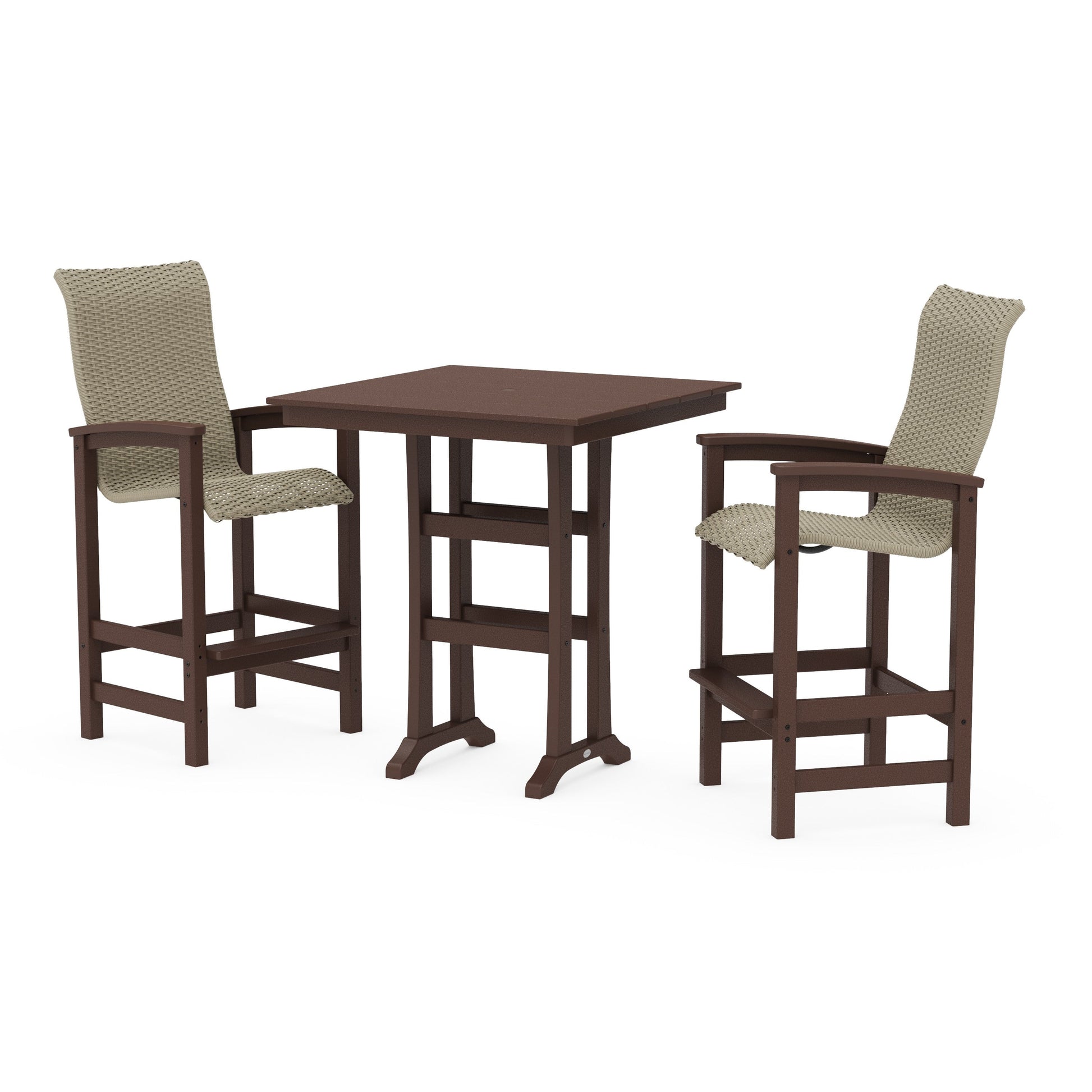 POLYWOOD Coastal Woven High-Back 3-Piece Farmhouse Bar Set with Trestle Legs — Mahogany / Dune Grass