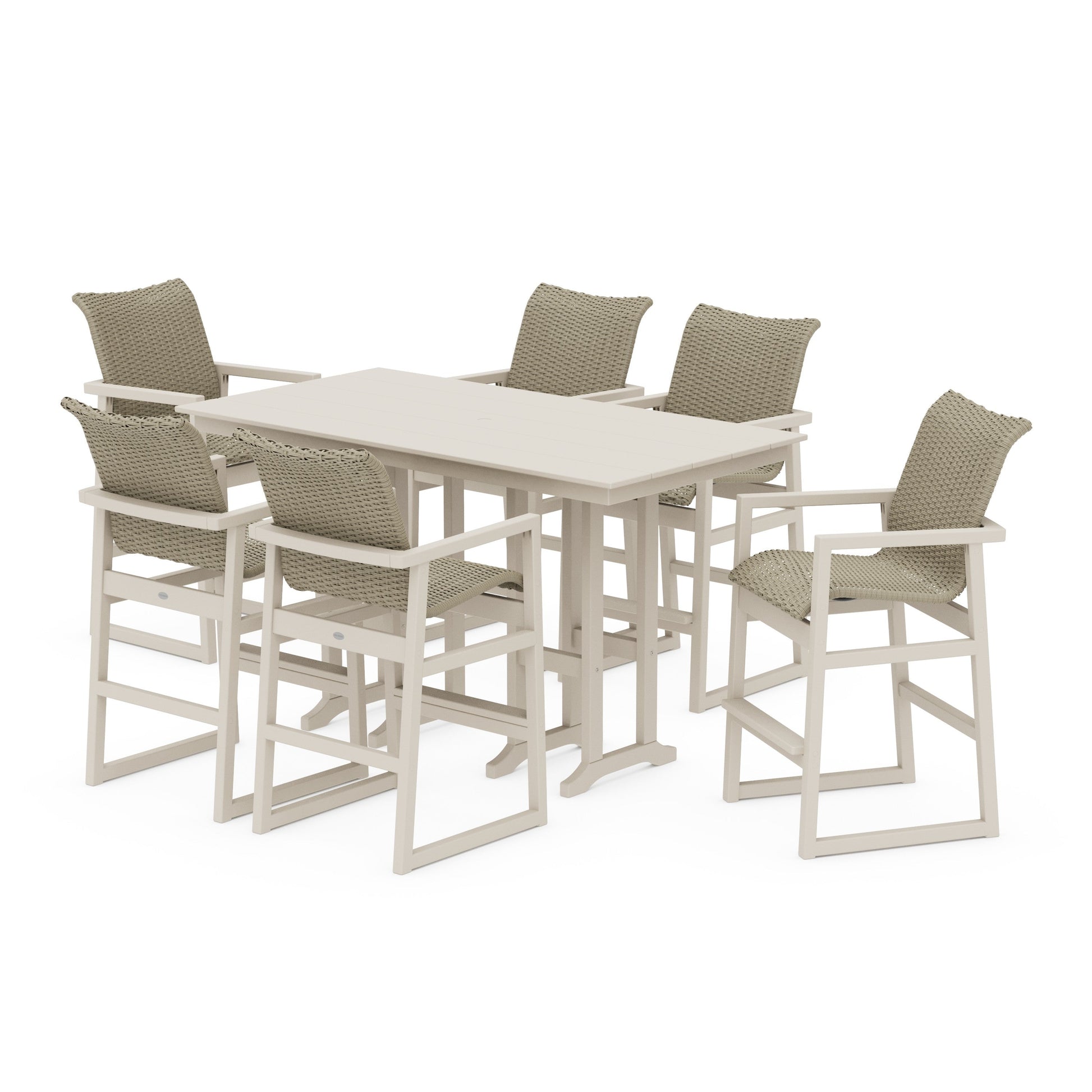 POLYWOOD EDGE Woven Arm Chair 7-Piece Farmhouse Bar Set — Sand / Dune Grass