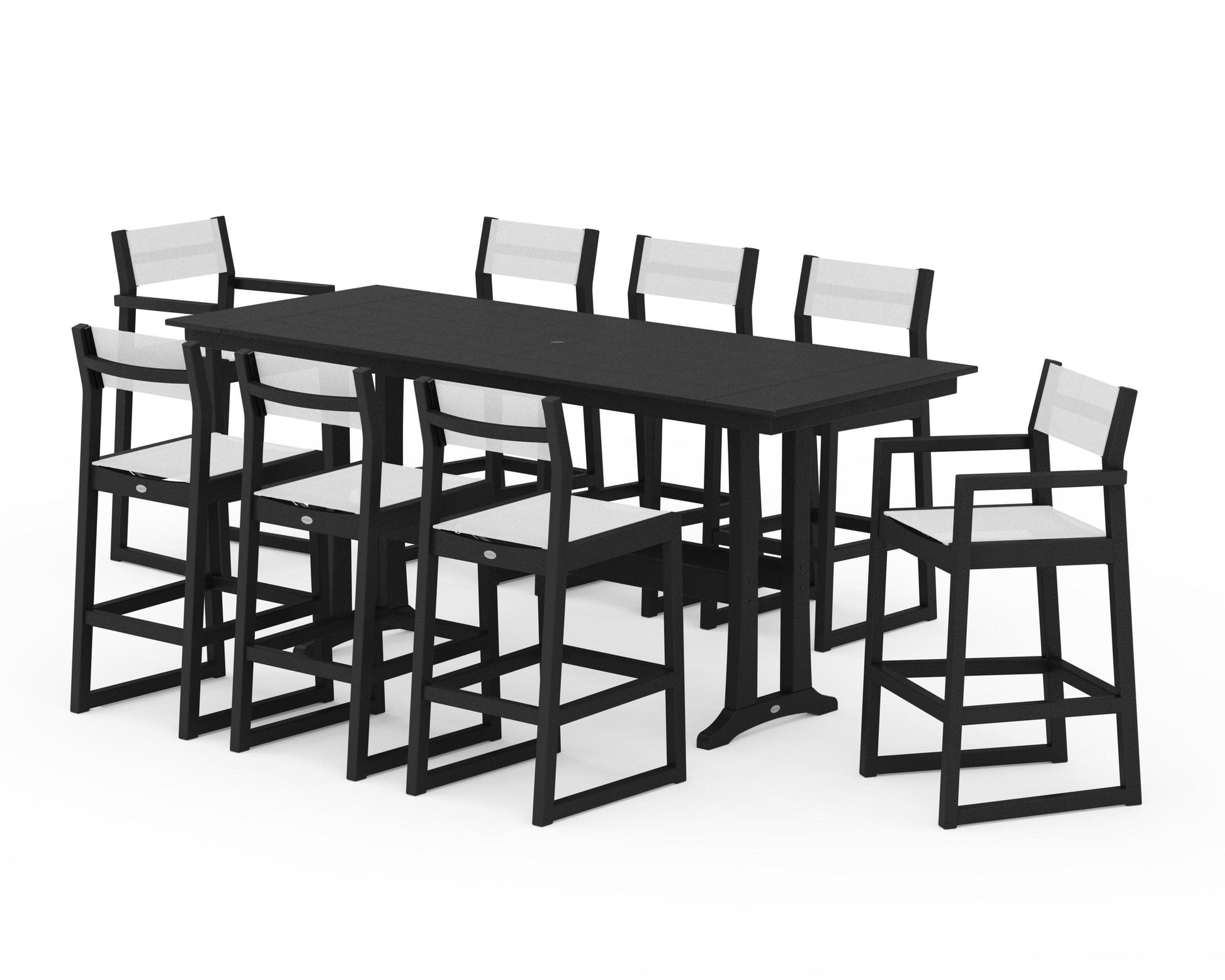 POLYWOOD EDGE Sling 9-Piece Farmhouse Bar Set with Trestle Legs — Black / White Sling