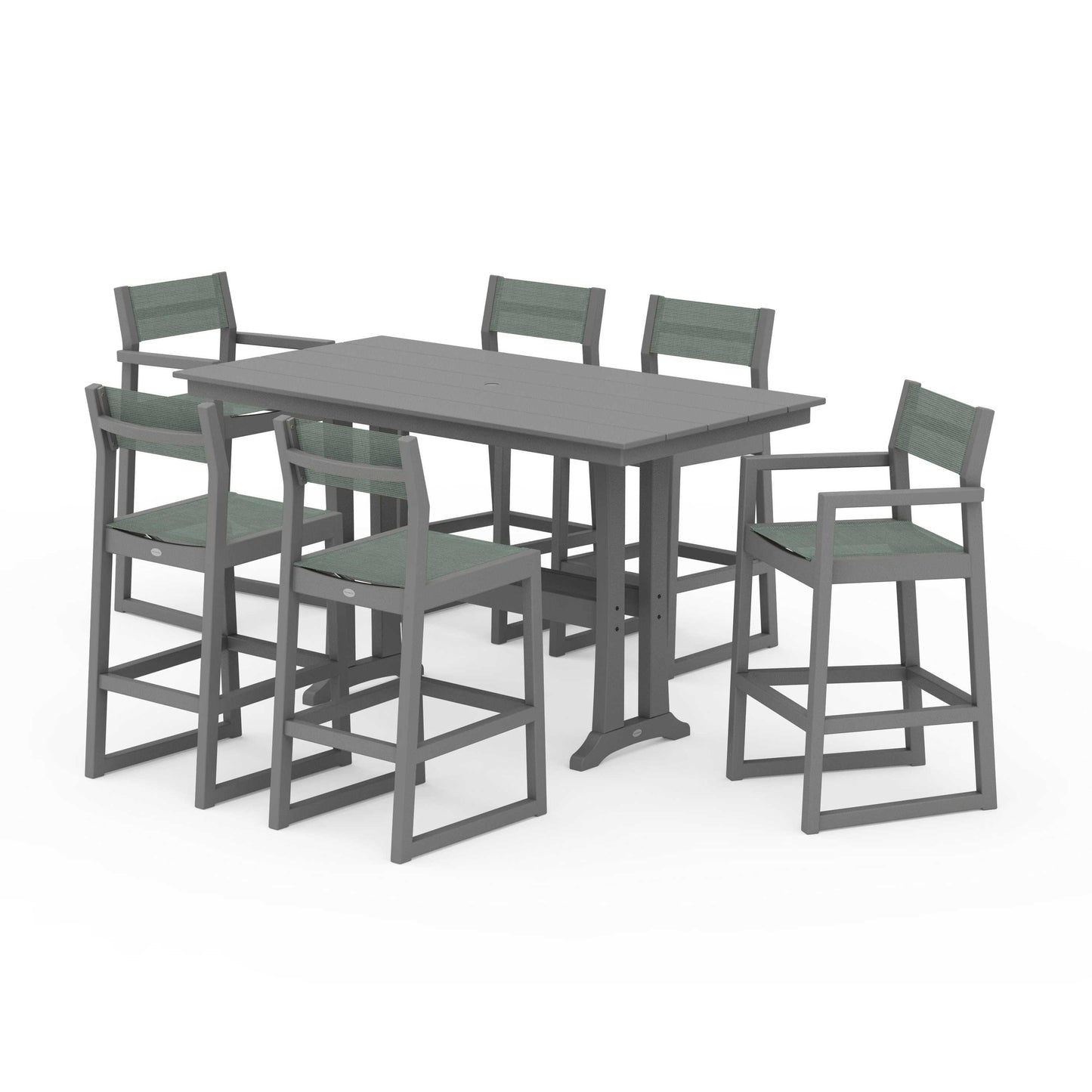 POLYWOOD EDGE Sling 7-Piece Farmhouse Bar Set with Trestle Legs — Slate Grey / Dupioni Sea Mist Sling