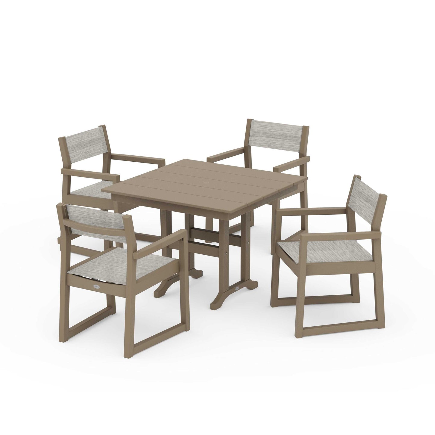 POLYWOOD EDGE Sling Arm Chair 5-Piece Farmhouse Dining Set — Vintage Sahara / Birch Sling