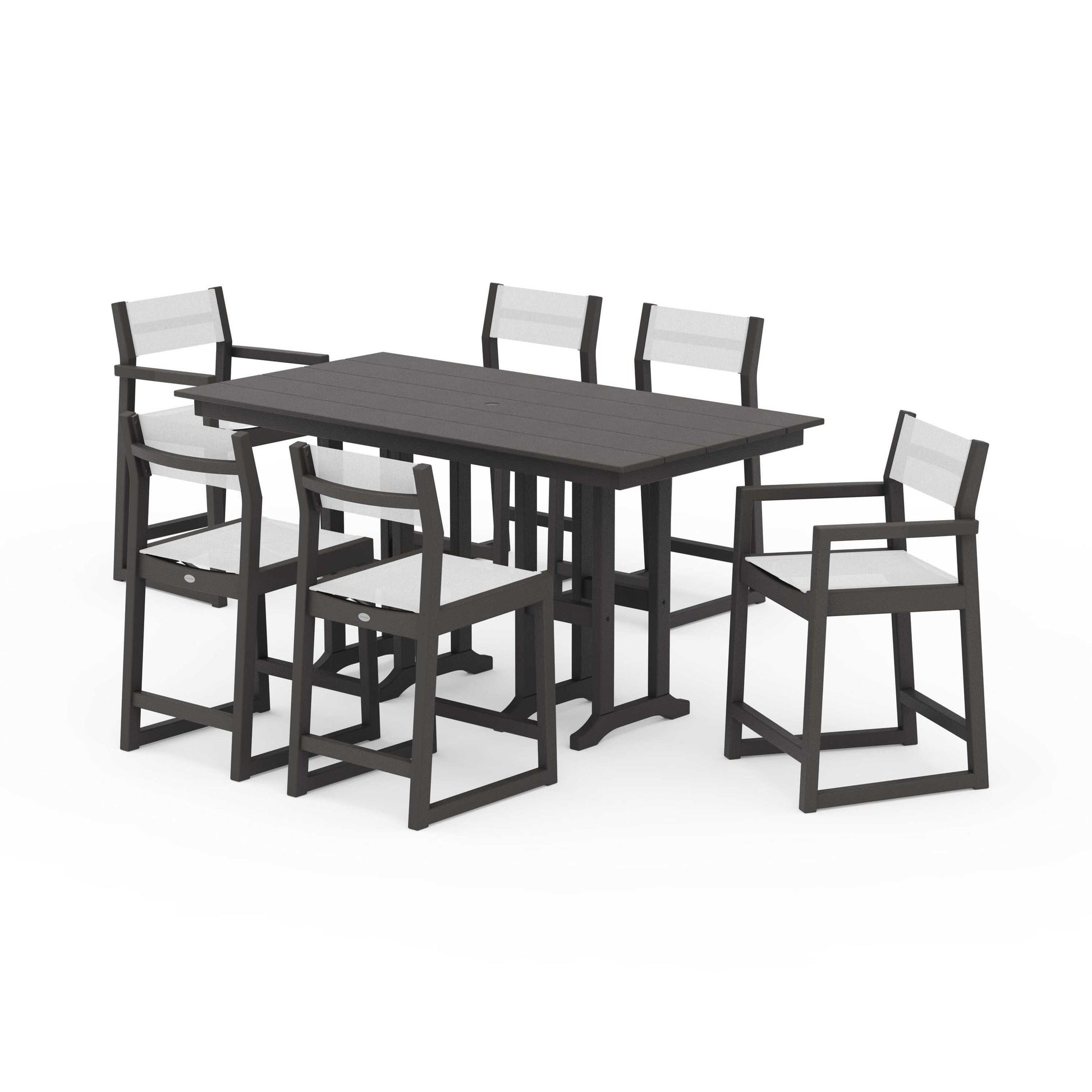 POLYWOOD EDGE Sling 7-Piece Farmhouse Counter Set with Trestle Legs — Vintage Coffee / White Sling