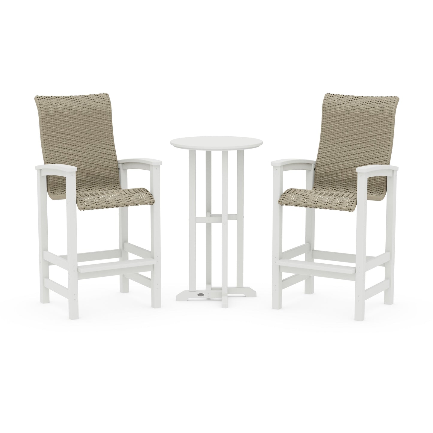 POLYWOOD Coastal Woven High-Back 3-Piece Farmhouse Bar Set — Vintage White / Dune Grass