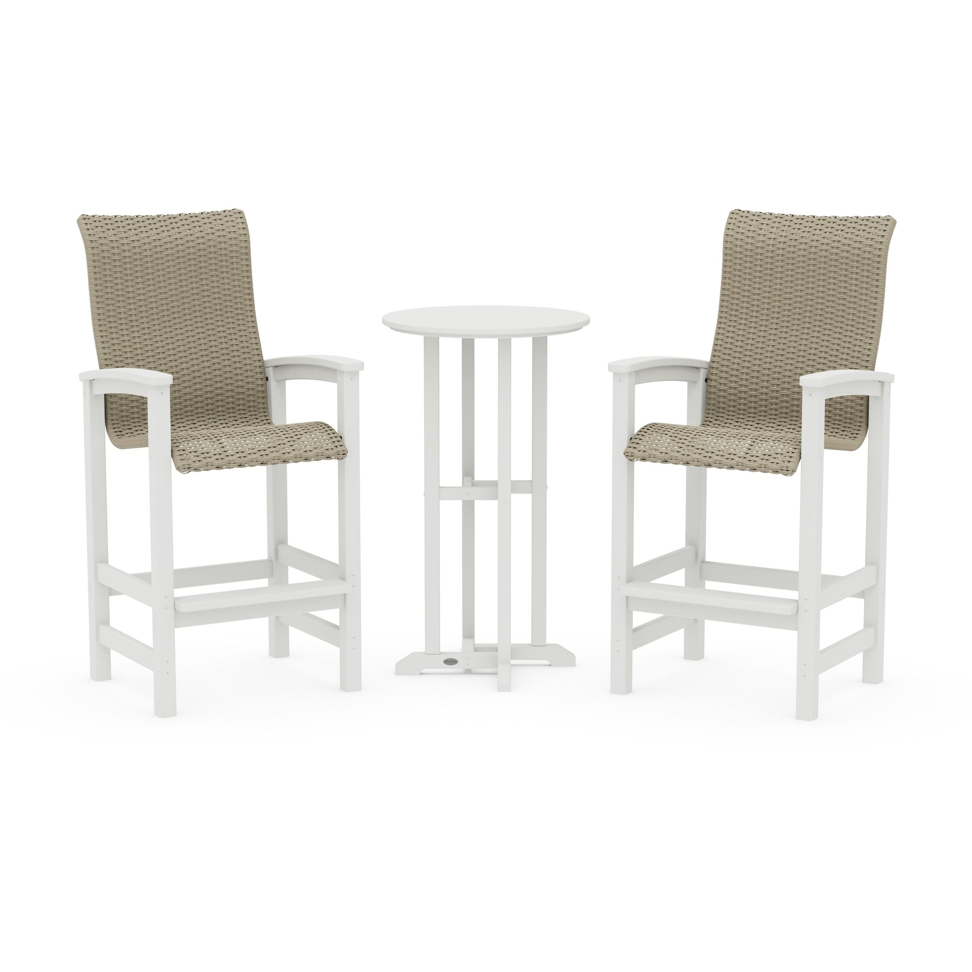 POLYWOOD Coastal Woven High-Back 3-Piece Farmhouse Bar Set — Vintage White / Dune Grass