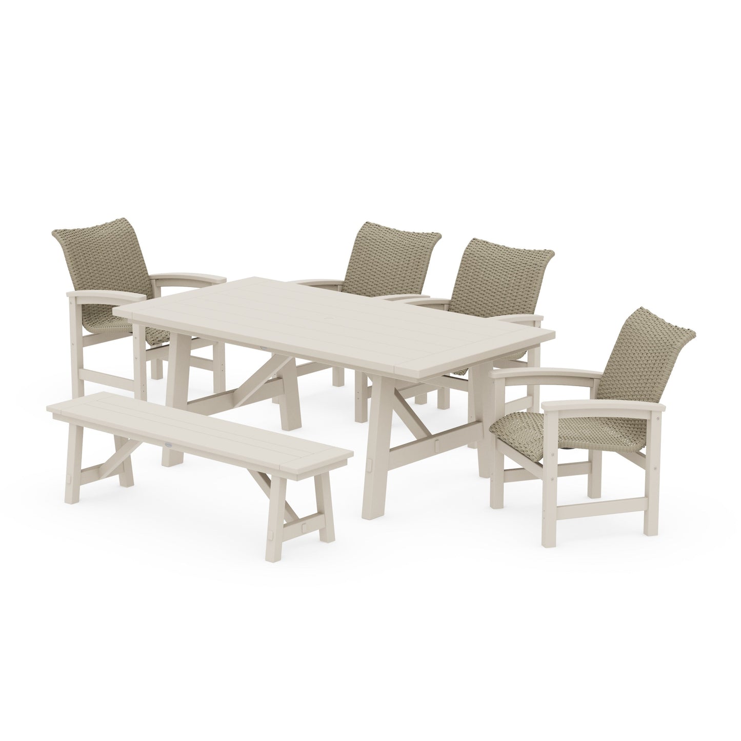 POLYWOOD Coastal Woven 6-Piece Rustic Farmhouse Dining Set with Bench — Sand / Dune Grass