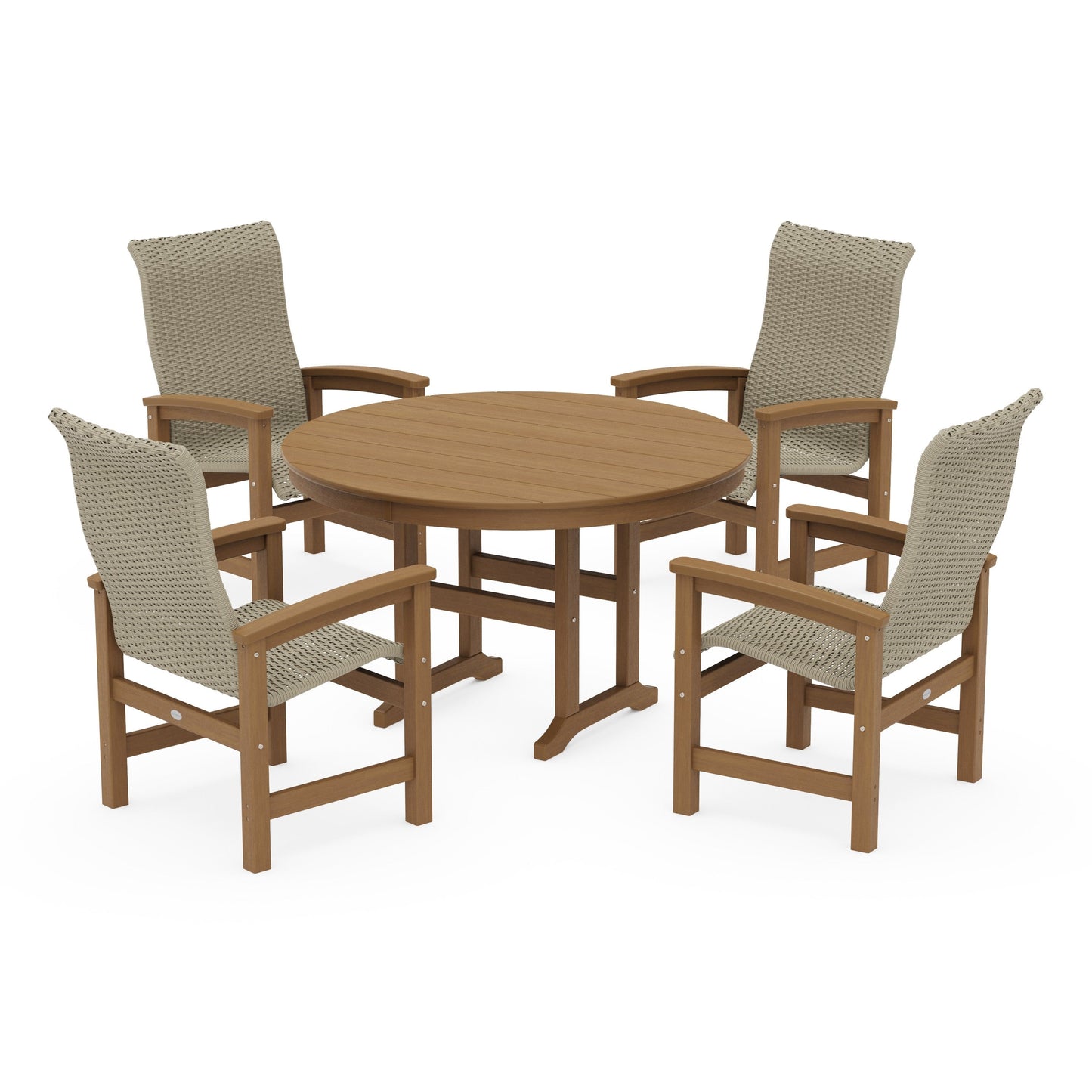 POLYWOOD Coastal Woven High-Back 5-Piece Round Farmhouse Dining Set — Natural / Dune Grass