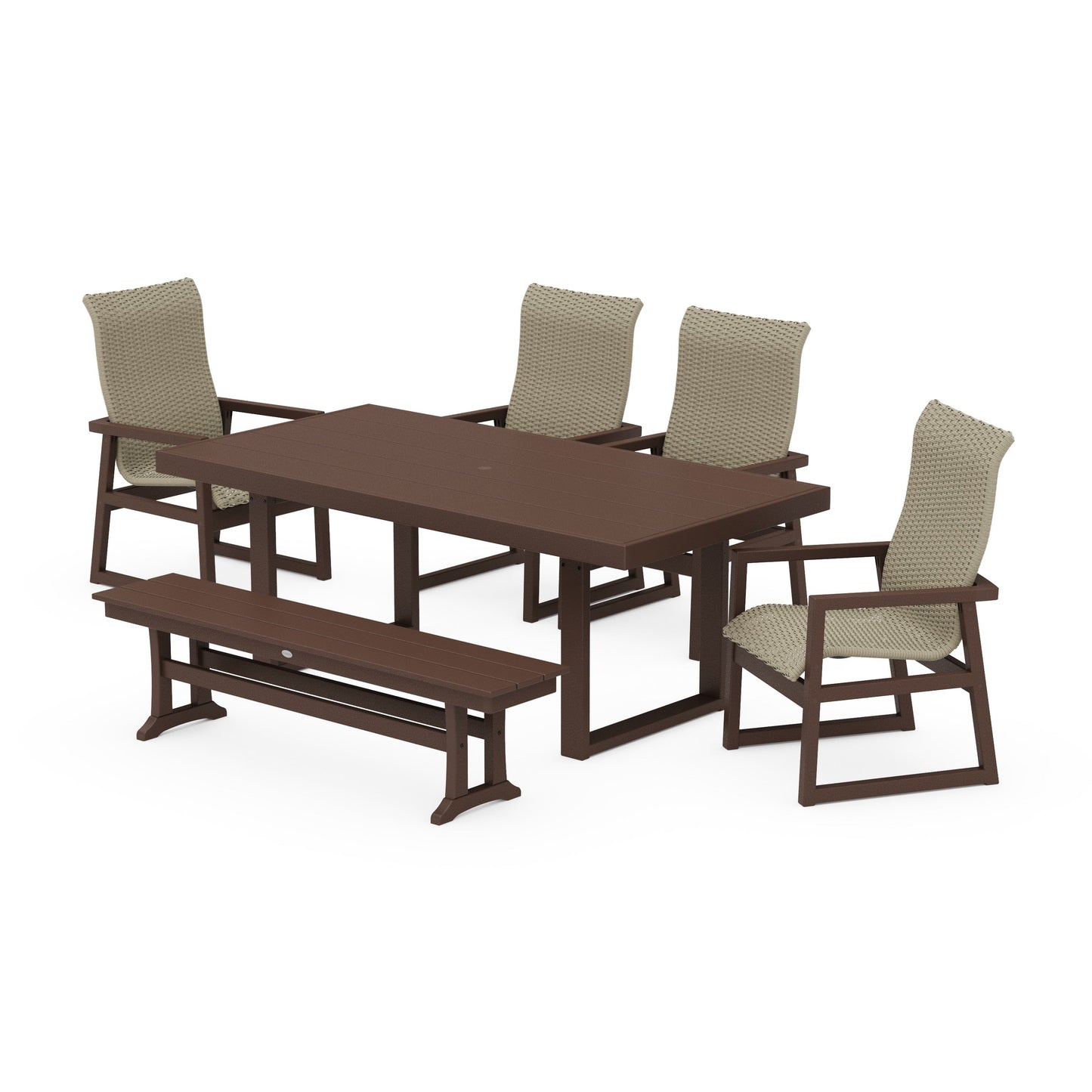 POLYWOOD EDGE Woven Highback 6-Piece Dining Set with Bench — Mahogany / Dune Grass