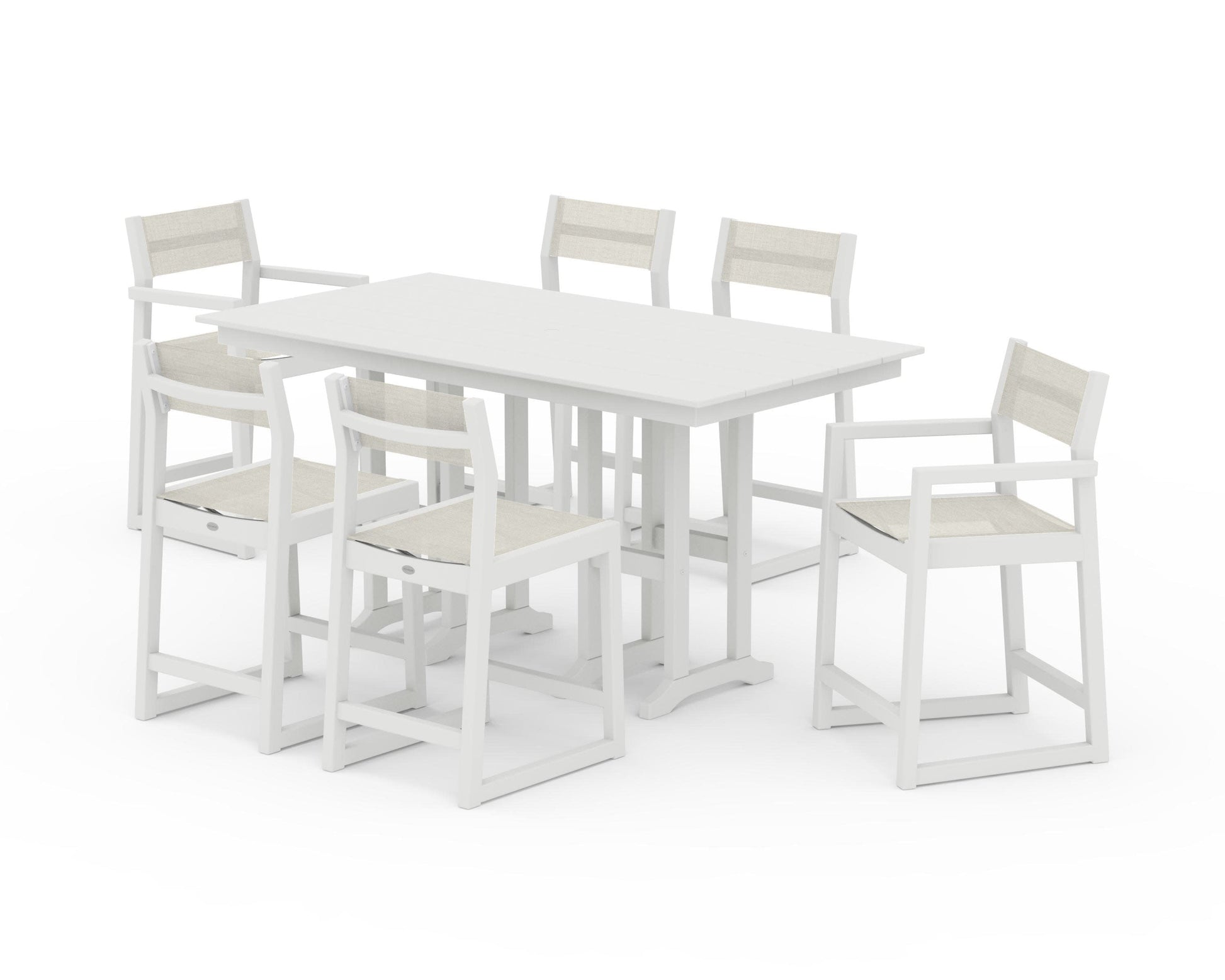 POLYWOOD EDGE Sling 7-Piece Farmhouse Counter Set with Trestle Legs — Vintage White / Parchment Sling