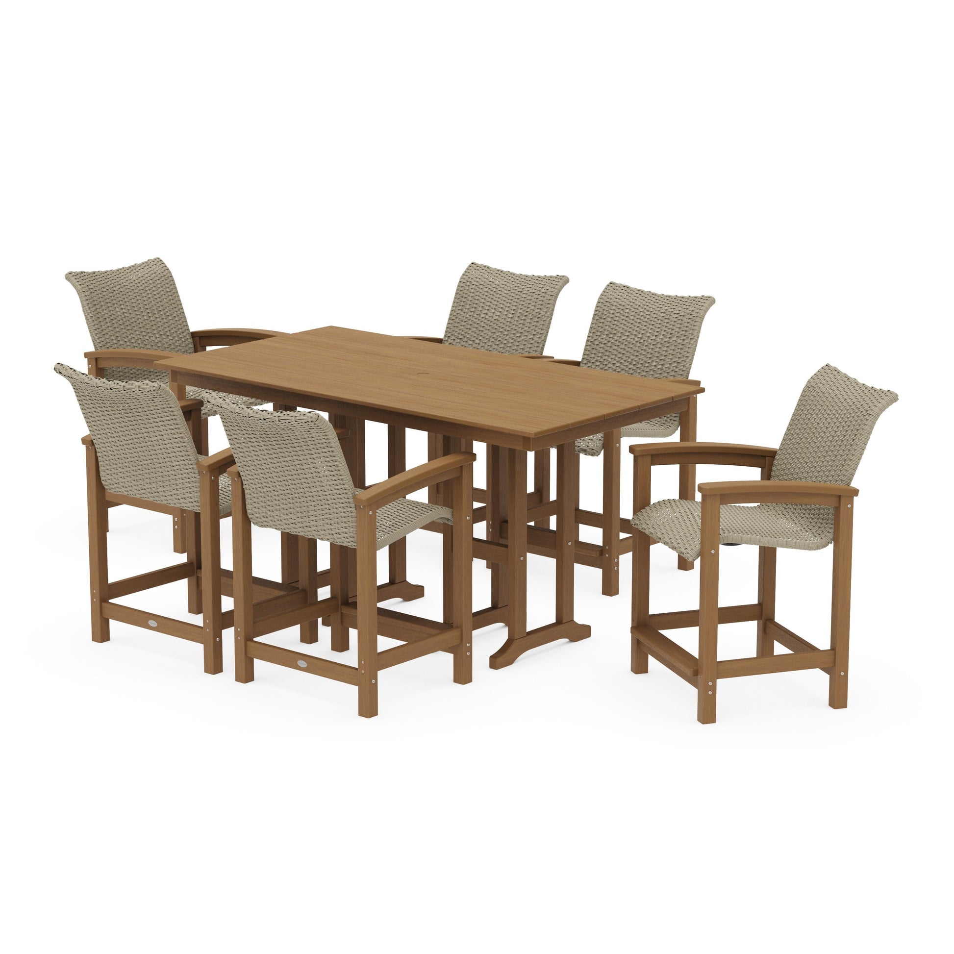 POLYWOOD Coastal Woven Arm Chair 7-Piece Farmhouse Counter Set — Natural / Dune Grass
