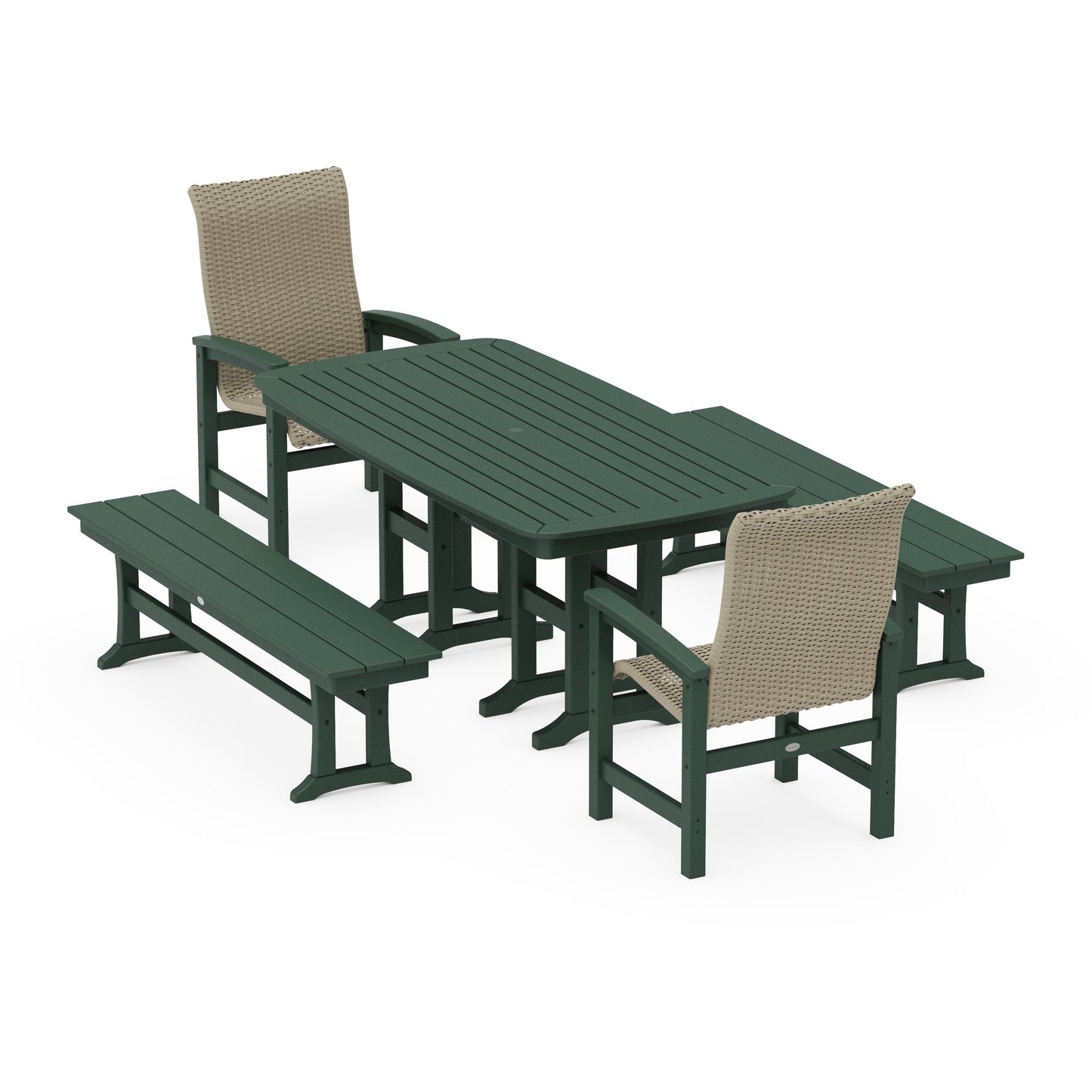 POLYWOOD Coastal Woven High-Back 5-Piece Dining Set with Benches — Green / Dune Grass