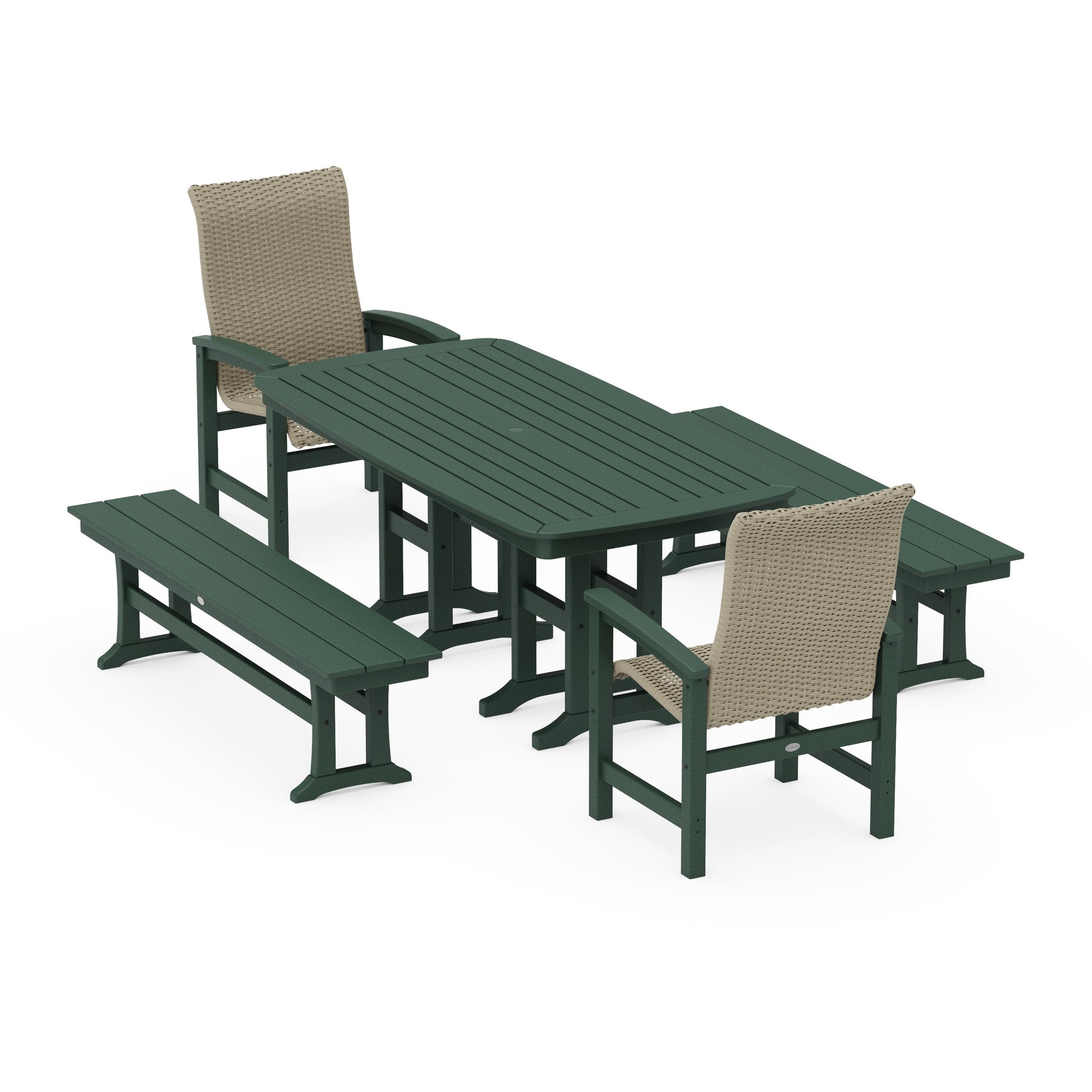 POLYWOOD Coastal Woven High-Back 5-Piece Dining Set with Benches — Green / Dune Grass
