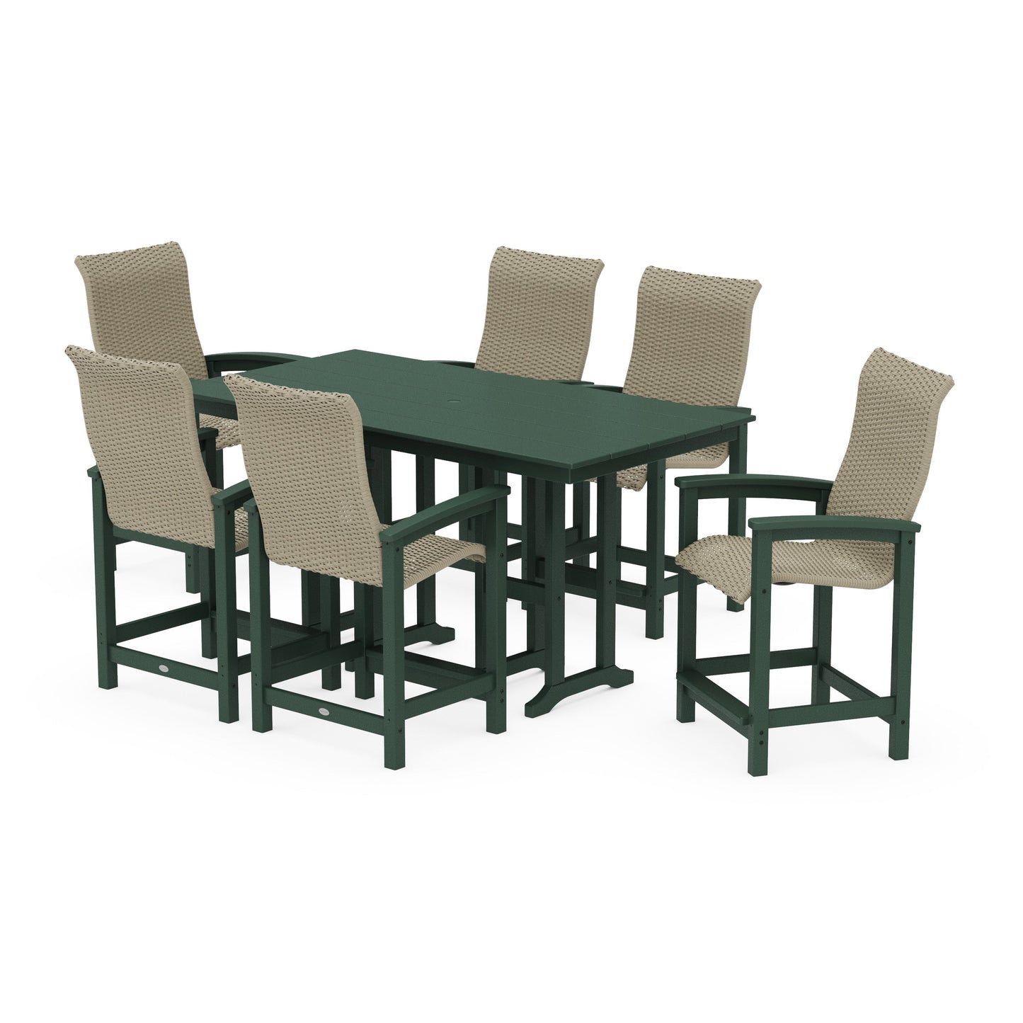 POLYWOOD Coastal Woven High-Back Arm Chair 7-Piece Farmhouse Counter Set — Green / Dune Grass