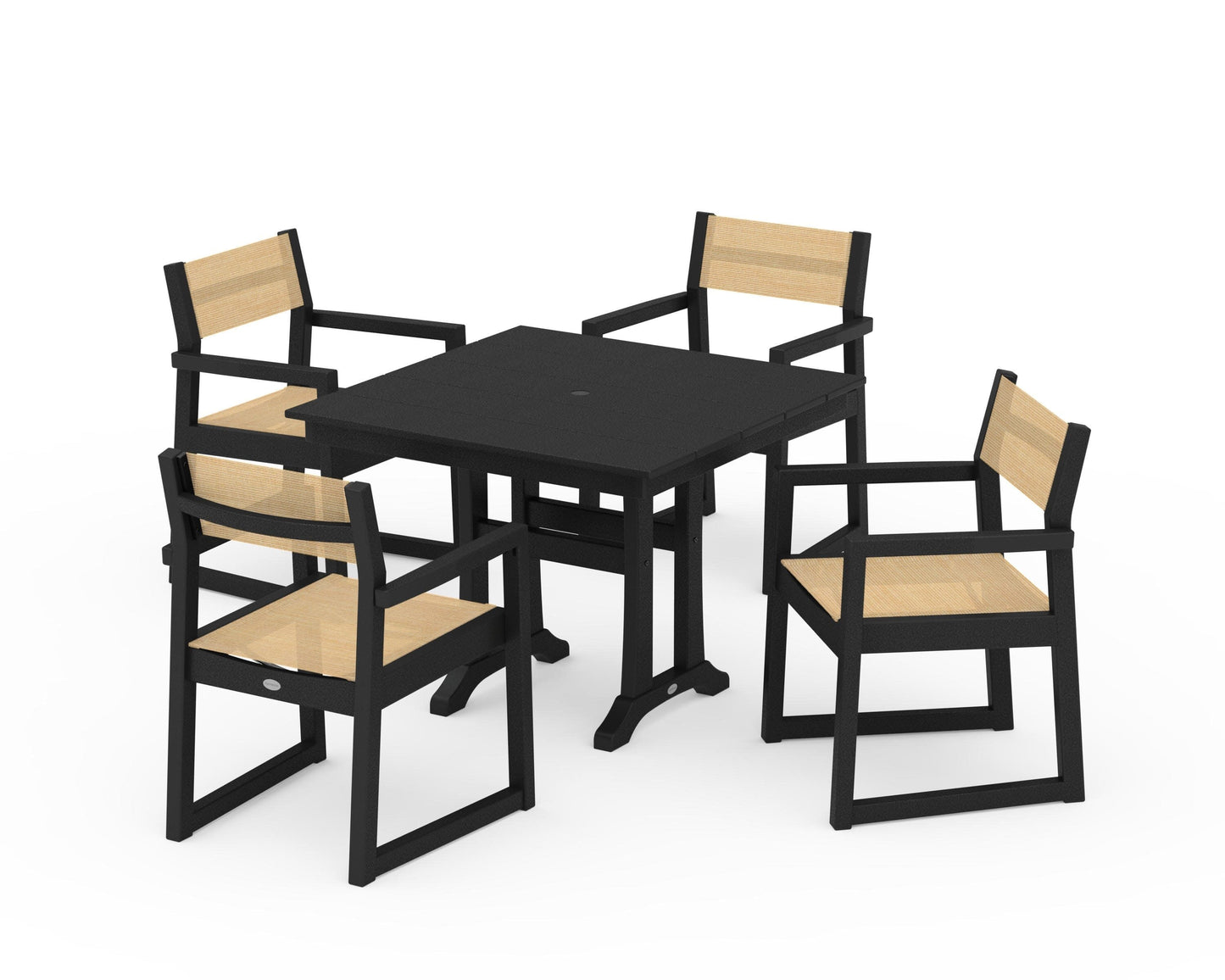 POLYWOOD EDGE Sling 5-Piece Farmhouse Dining Set with Trestle Legs — Black / Dupioni Apricot Sling