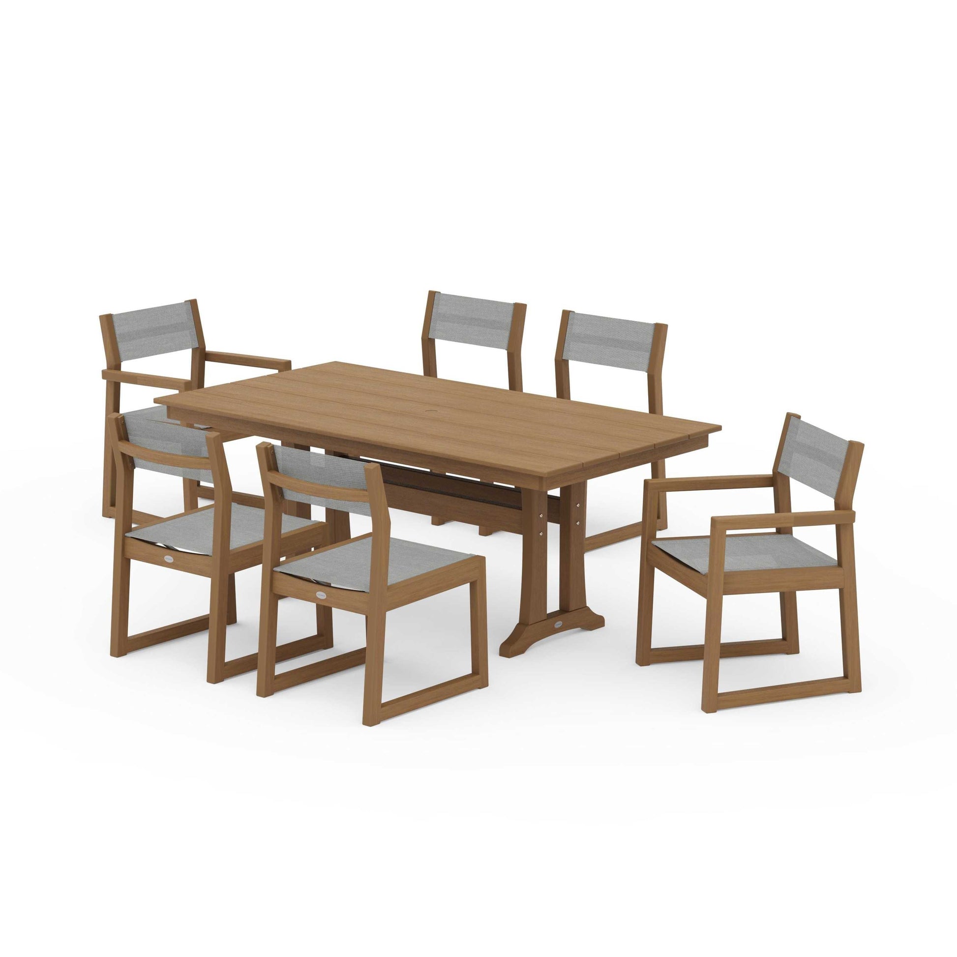 POLYWOOD EDGE Sling 7-Piece Farmhouse Trestle Dining Set — Natural / Metallic Sling