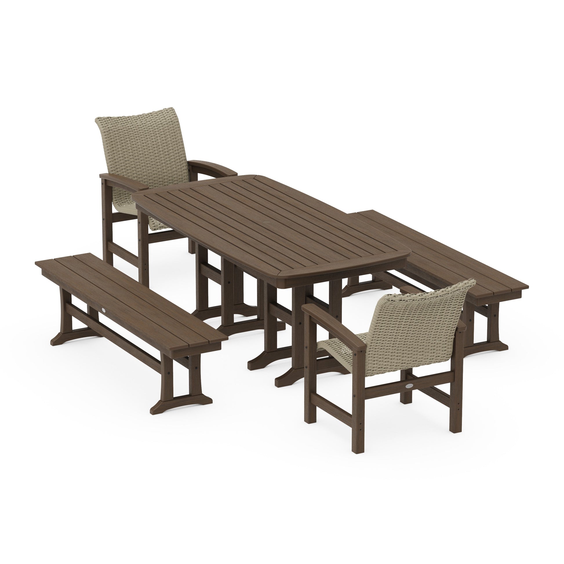 POLYWOOD Coastal Woven 5-Piece Dining Set with Benches — Kona / Dune Grass
