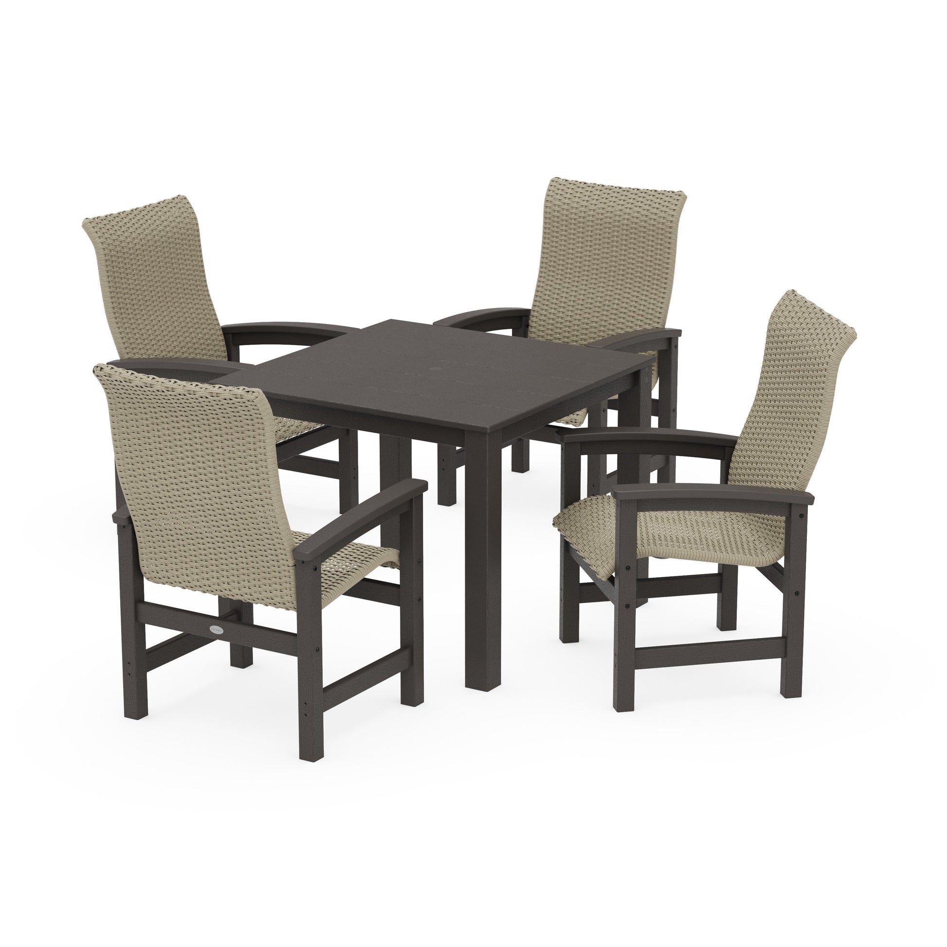 POLYWOOD Coastal Woven High-Back 5-Piece Parsons Dining Set — Vintage Coffee / Dune Grass