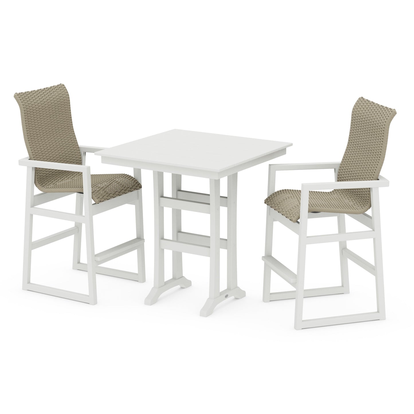 POLYWOOD EDGE Woven Highback 3-Piece Farmhouse Bar Set with Trestle Legs — White / Dune Grass