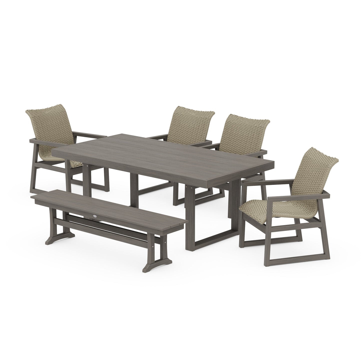 POLYWOOD EDGE Woven 6-Piece Dining Set with Bench — Driftwood / Dune Grass