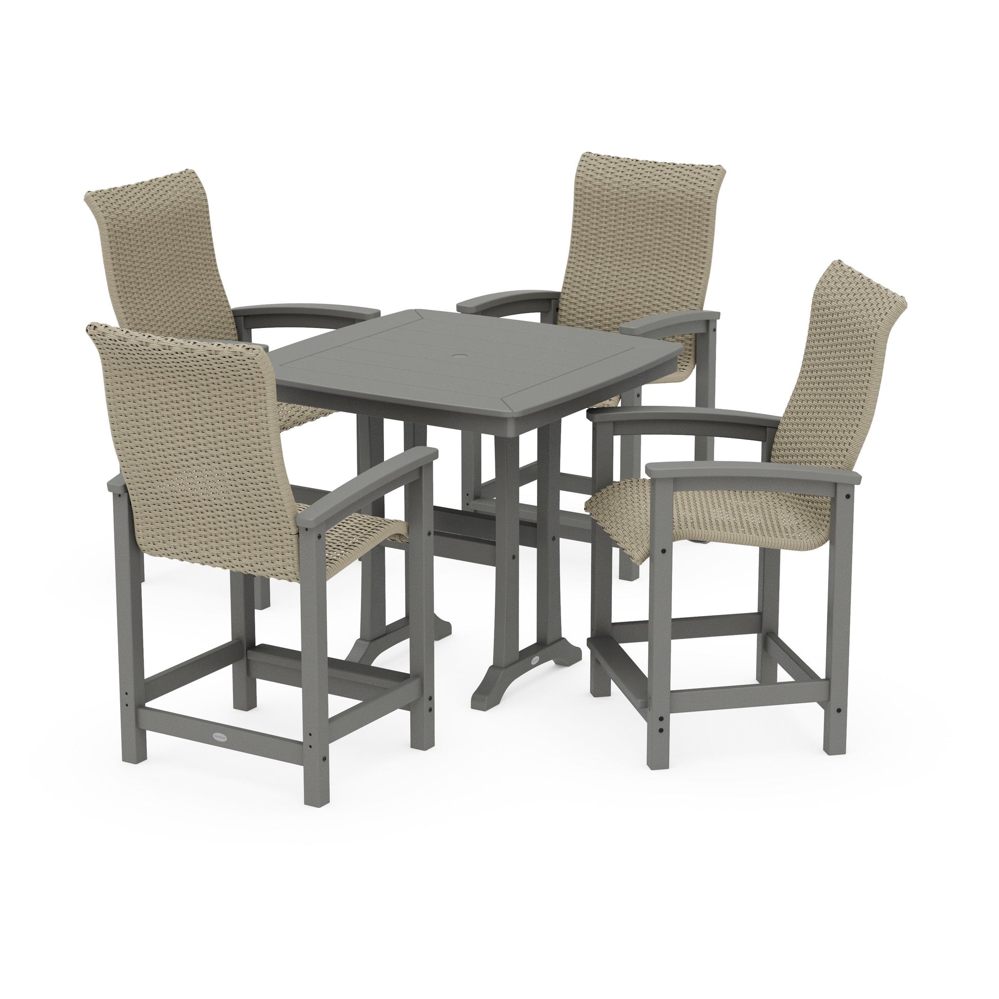 POLYWOOD Coastal Woven High-Back 5-Piece Counter Set with Trestle Legs — Slate Grey / Dune Grass