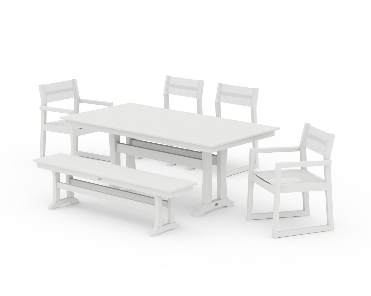 POLYWOOD EDGE Sling 6-Piece Farmhouse Dining Set With Trestle Legs — Vintage White / White Sling