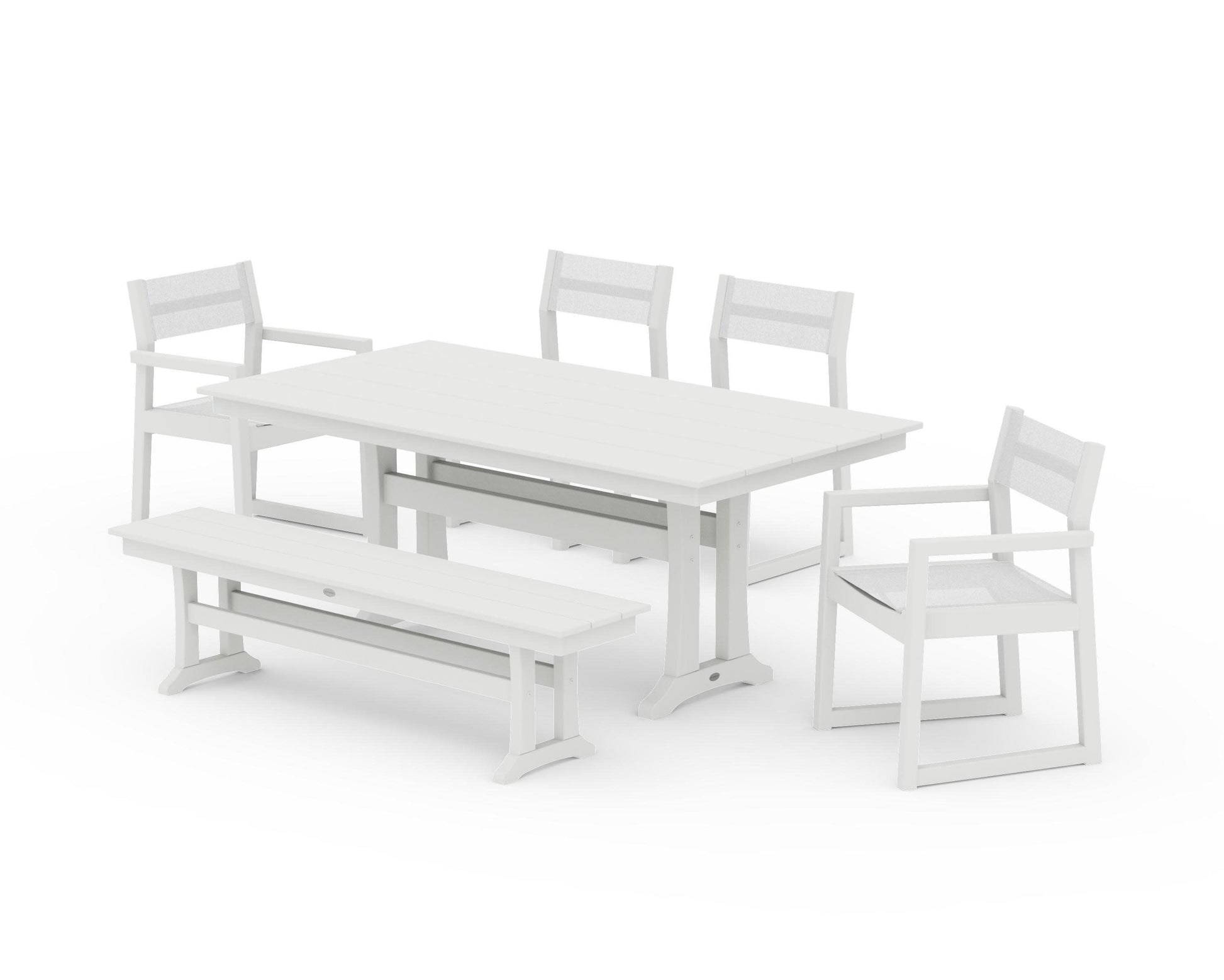 POLYWOOD EDGE Sling 6-Piece Farmhouse Dining Set With Trestle Legs — Vintage White / White Sling