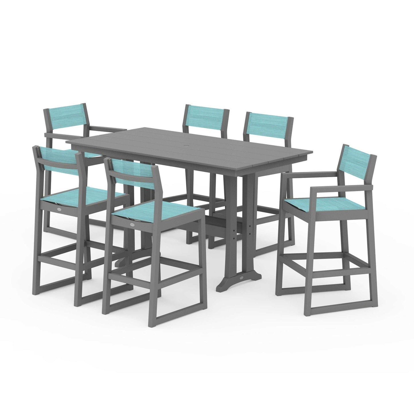 POLYWOOD EDGE Sling 7-Piece Farmhouse Bar Set with Trestle Legs — Slate Grey / Dupioni Aquamarine Sling
