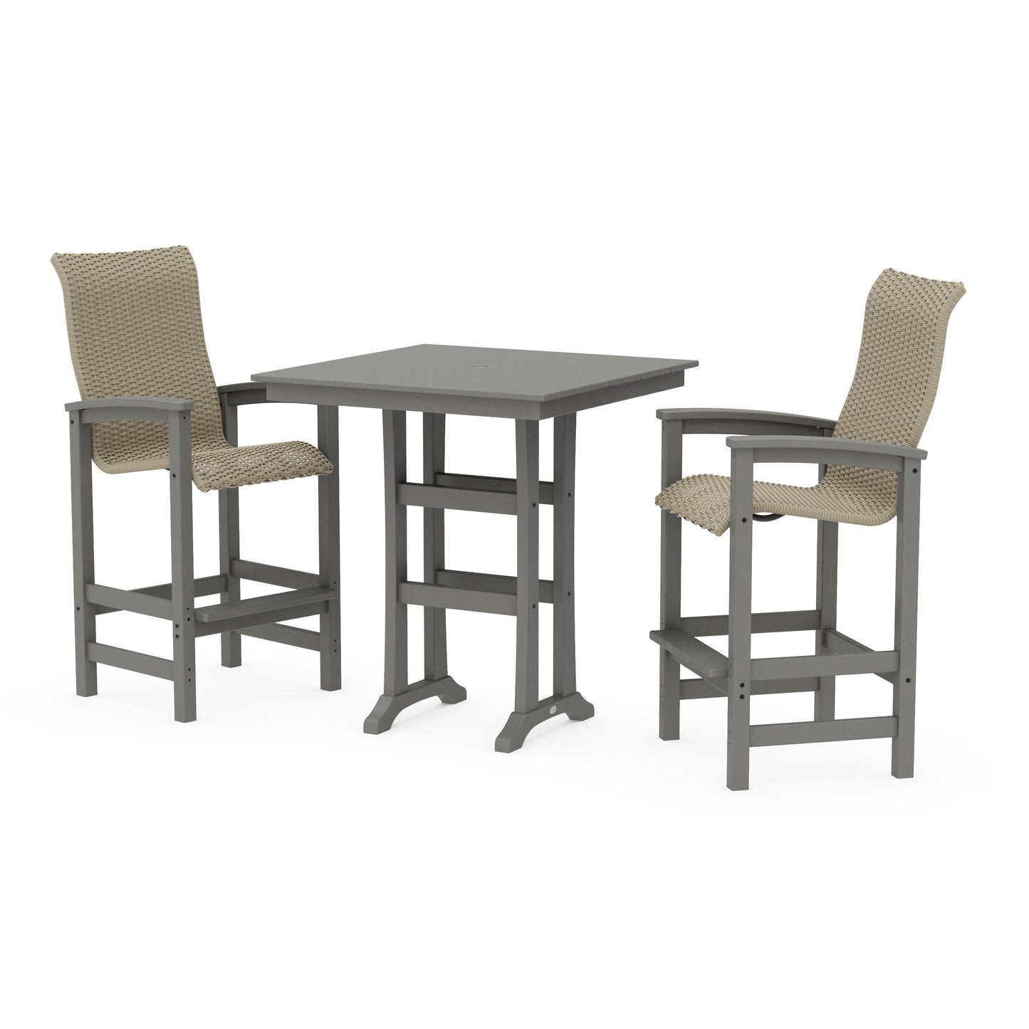 POLYWOOD Coastal Woven High-Back 3-Piece Farmhouse Bar Set with Trestle Legs — Slate Grey / Dune Grass