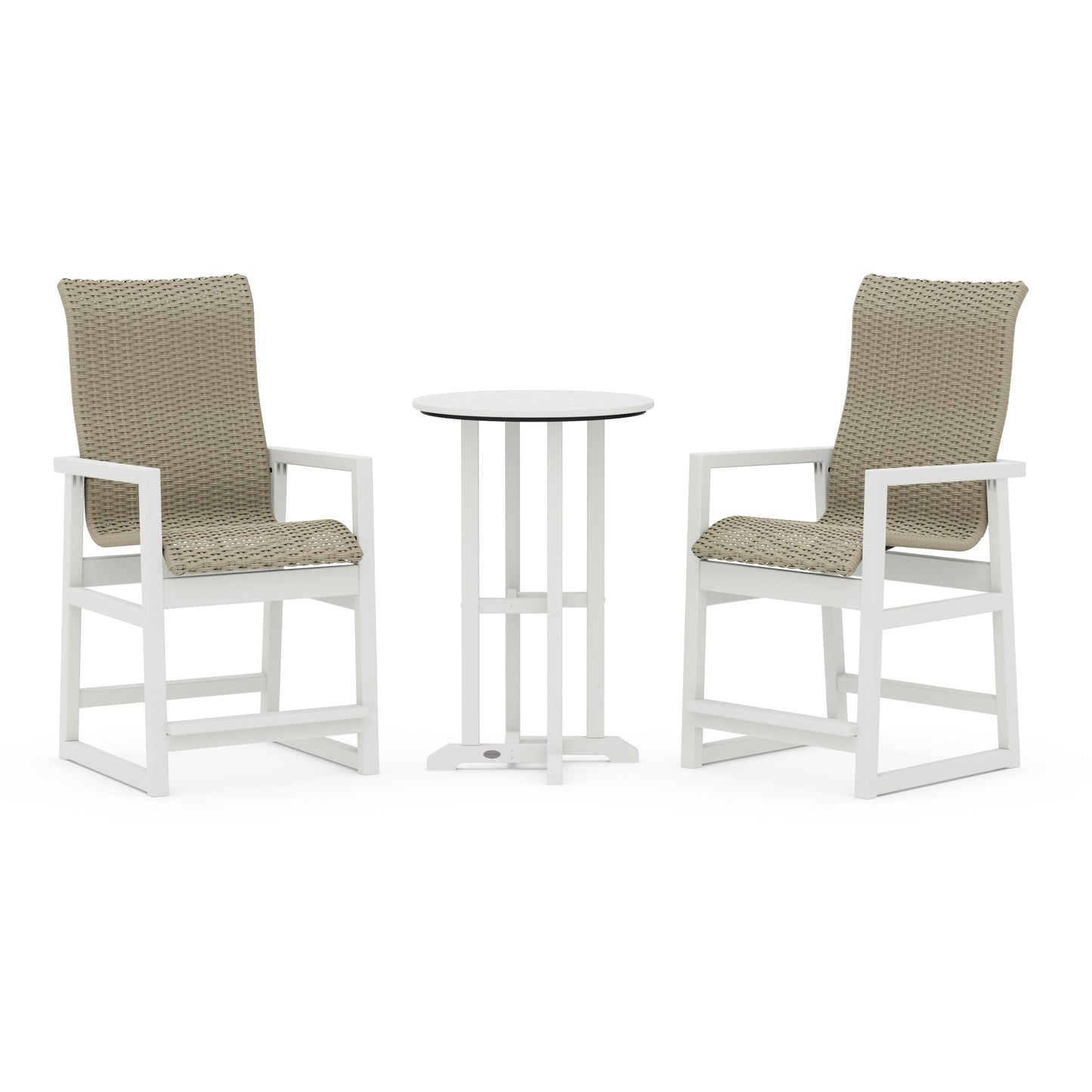 POLYWOOD EDGE Woven Highback 3-Piece Farmhouse Counter Set — Vintage White / Dune Grass