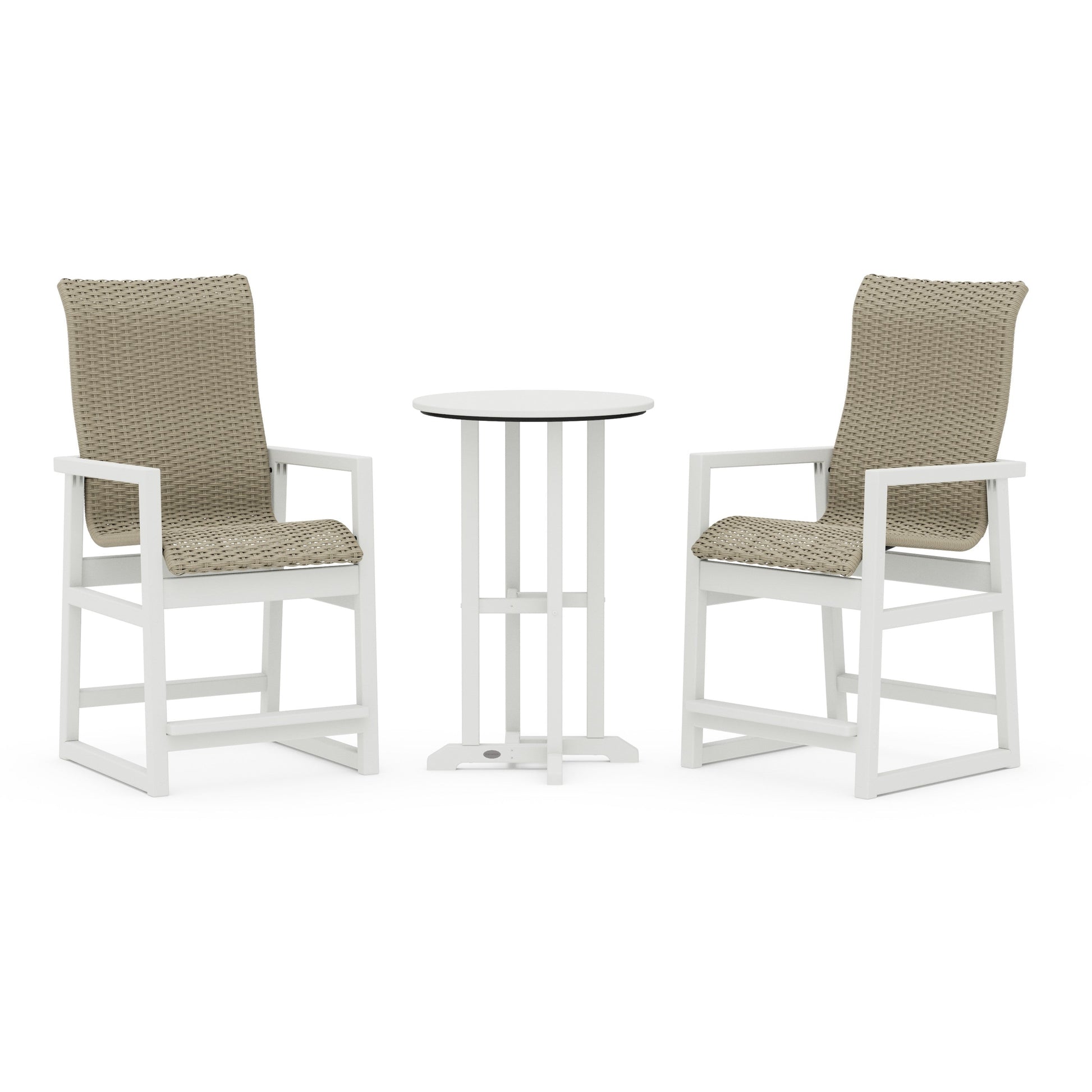 POLYWOOD EDGE Woven Highback 3-Piece Farmhouse Counter Set — Vintage White / Dune Grass