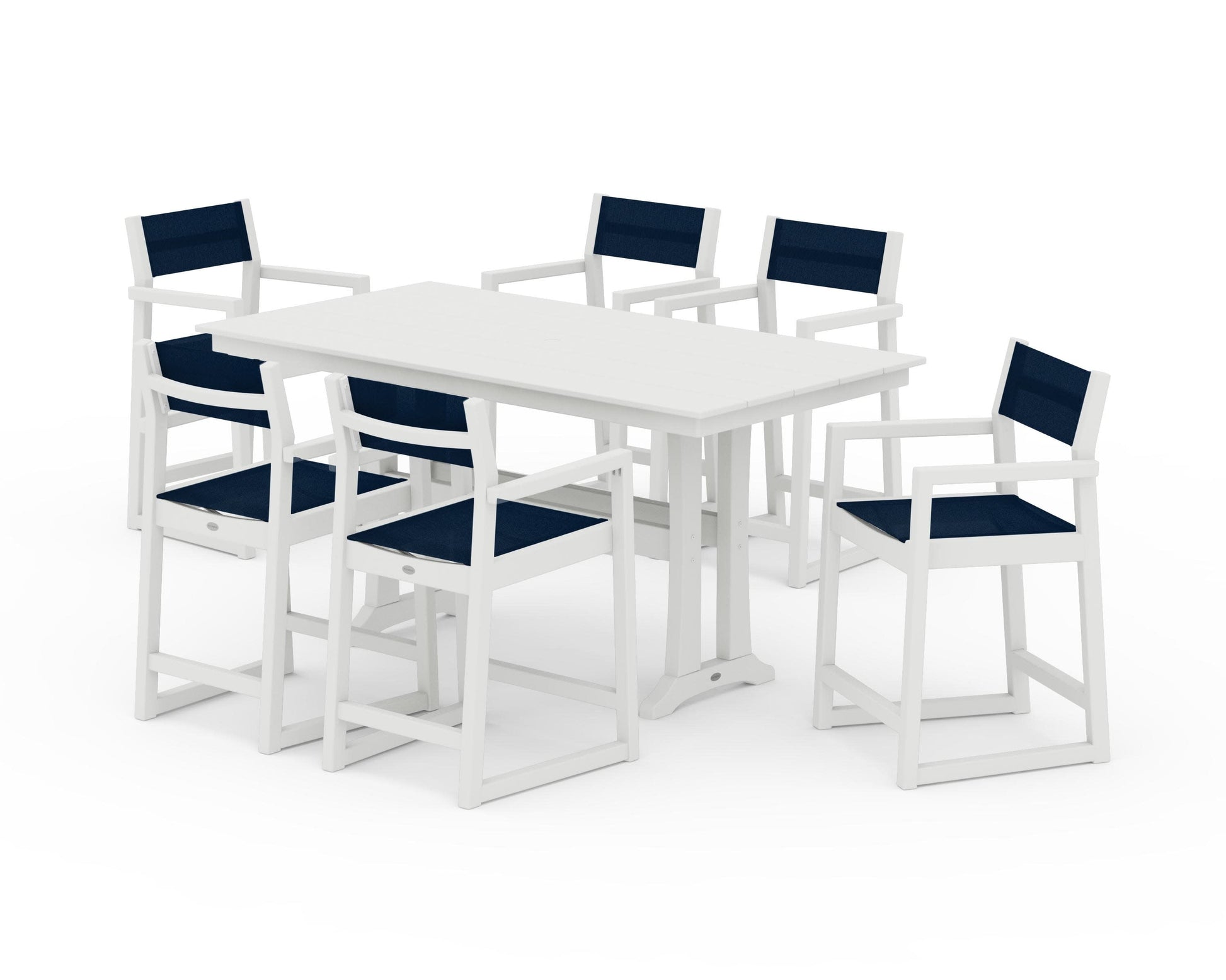 POLYWOOD EDGE Sling Arm Chair 7-Piece Farmhouse Counter Set with Trestle Legs — Vintage White / Navy Blue Sling