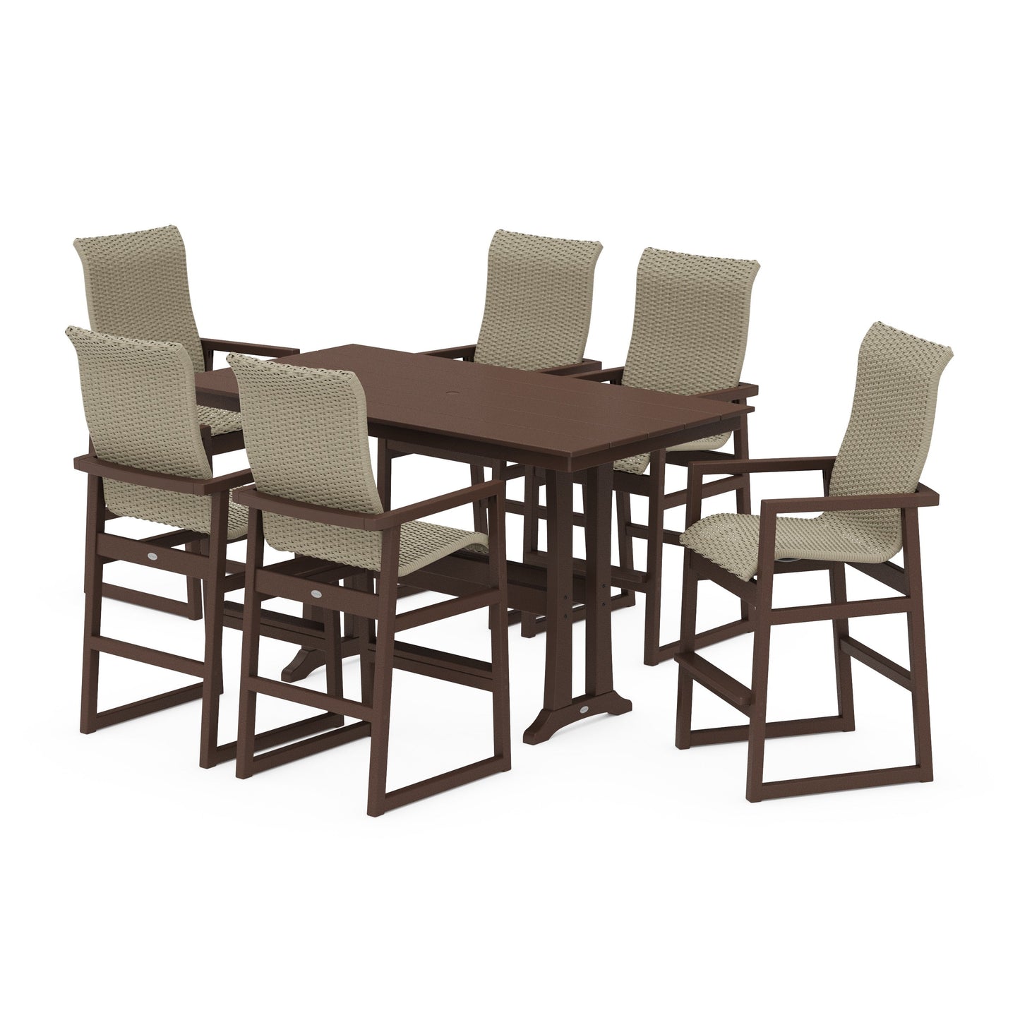 POLYWOOD EDGE Woven Highback Arm Chair 7-Piece Farmhouse Bar Set with Trestle Legs — Mahogany / Dune Grass