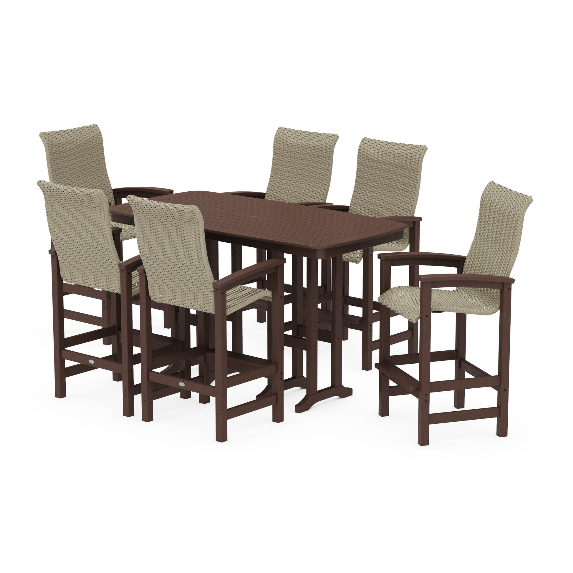POLYWOOD Coastal Woven High-Back Arm Chair 7-Piece Bar Set — Mahogany / Dune Grass