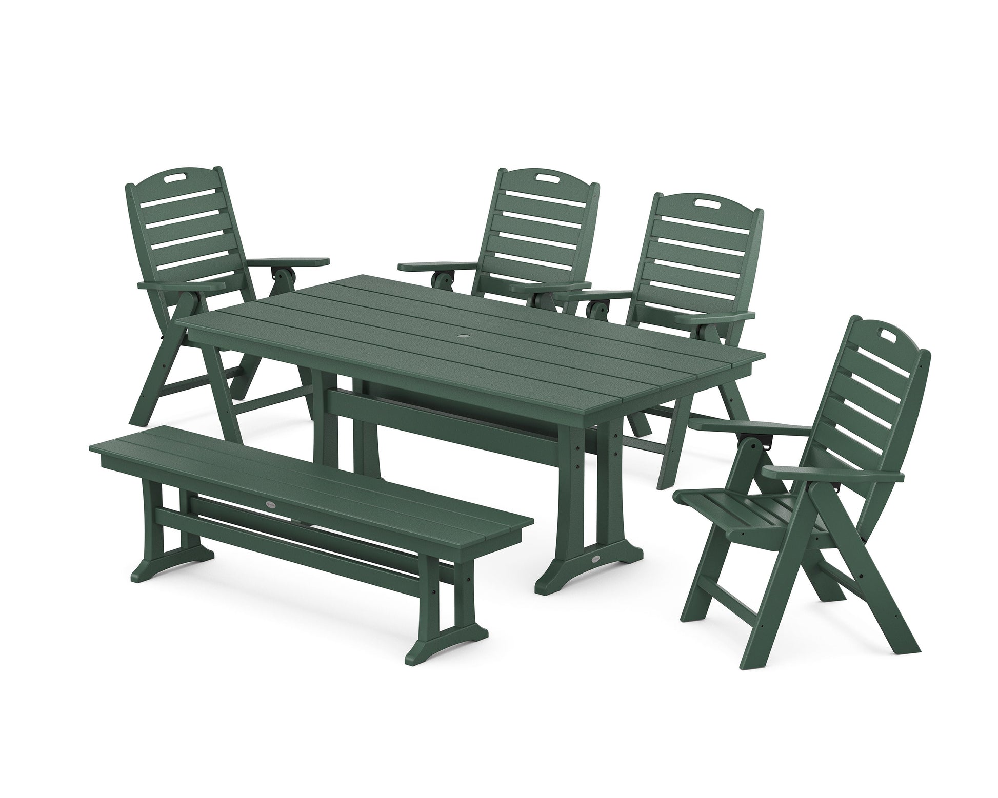 POLYWOOD Nautical Highback 6-Piece Farmhouse Dining Set with Trestle Legs and Bench — Green