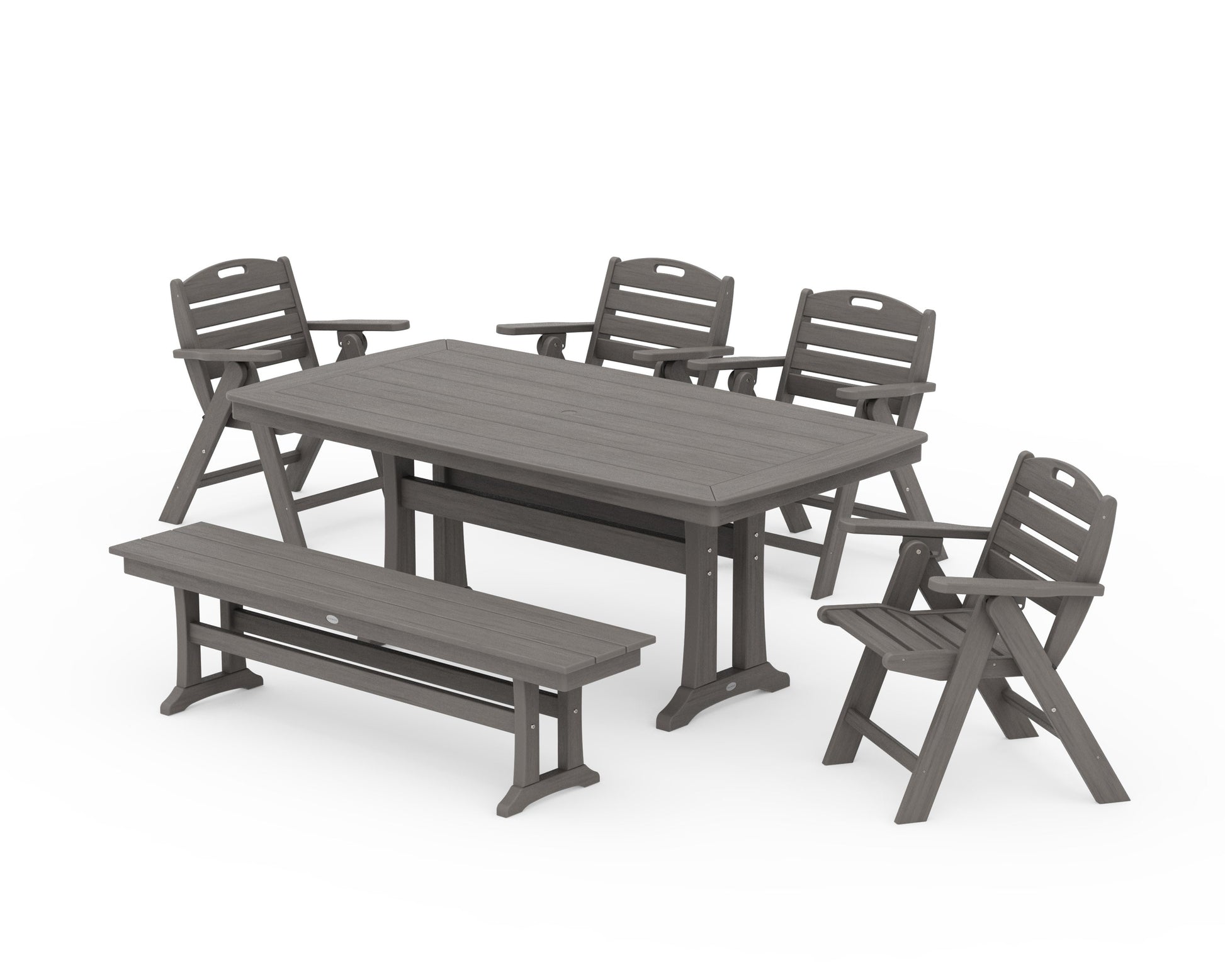 POLYWOOD Nautical Lowback 6-Piece Dining Set with Trestle Legs and Bench — Driftwood