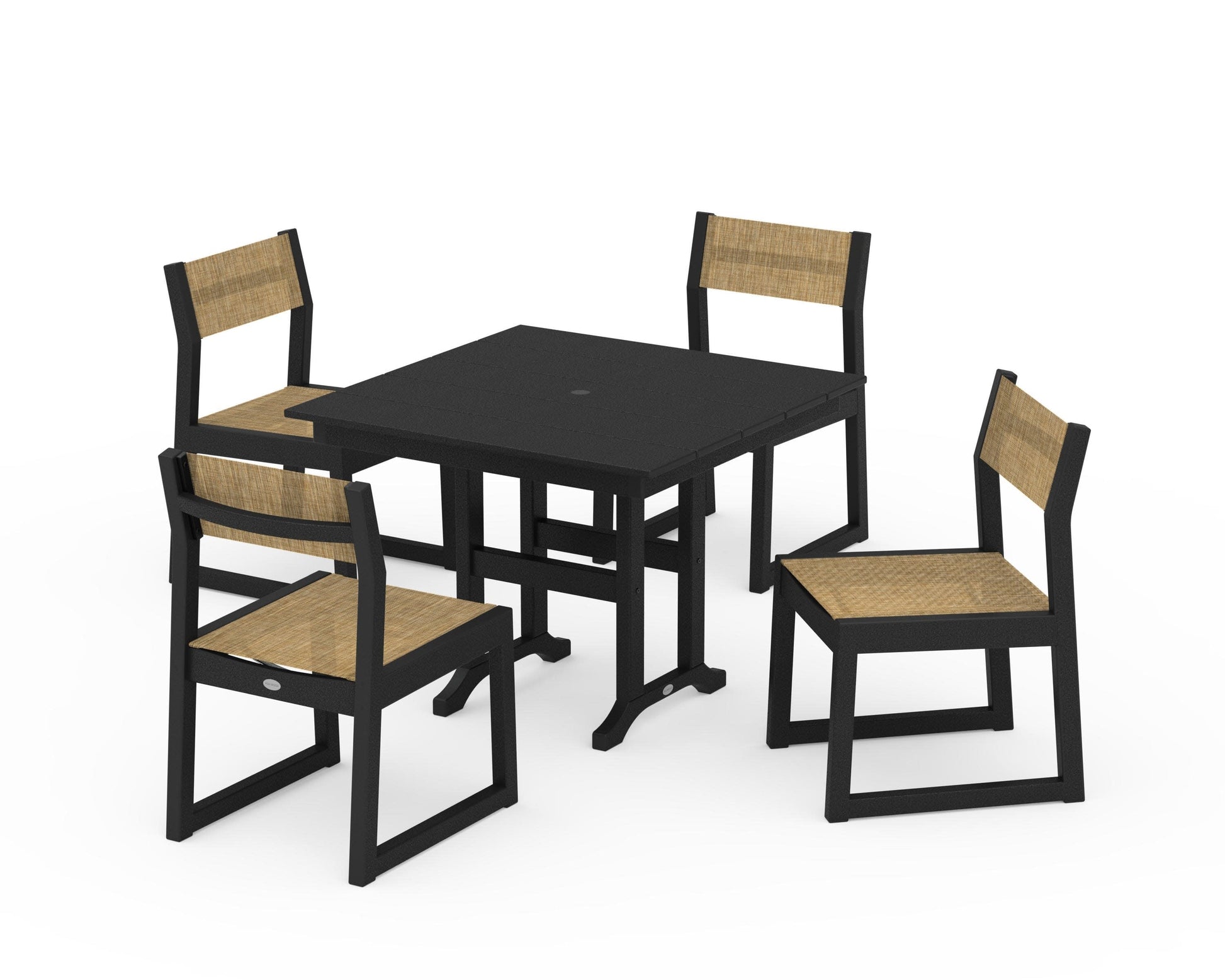 POLYWOOD EDGE Sling Side Chair 5-Piece Farmhouse Dining Set — Black / Burlap Sling