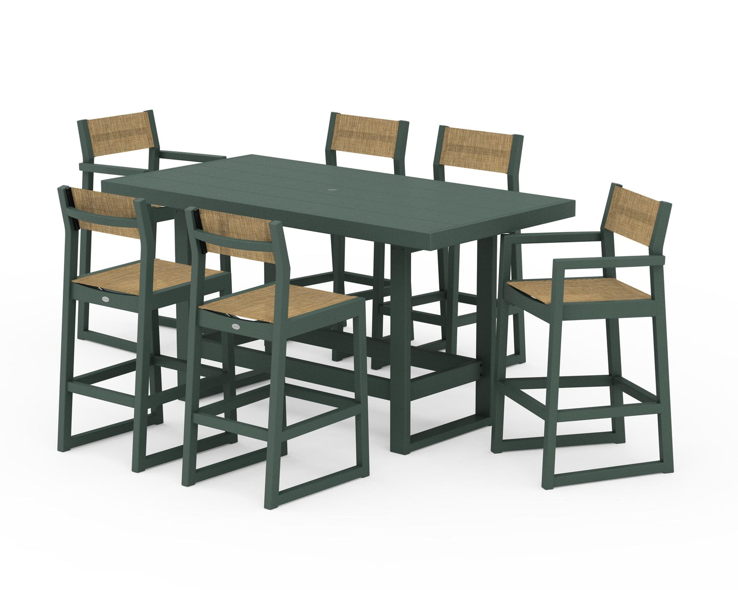 POLYWOOD EDGE Sling 7-Piece Bar Table Set — Green / Burlap Sling