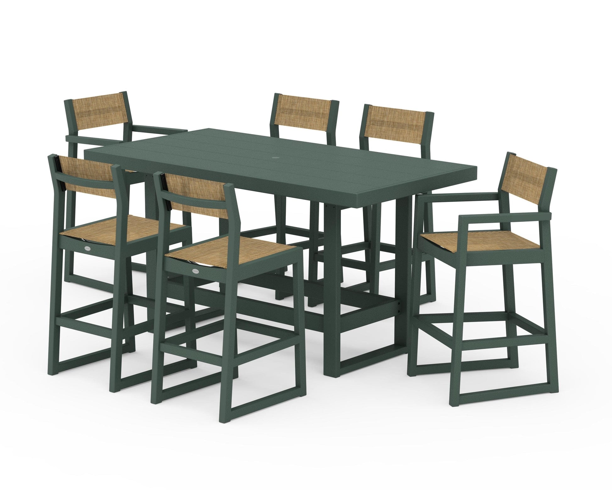 POLYWOOD EDGE Sling 7-Piece Bar Table Set — Green / Burlap Sling