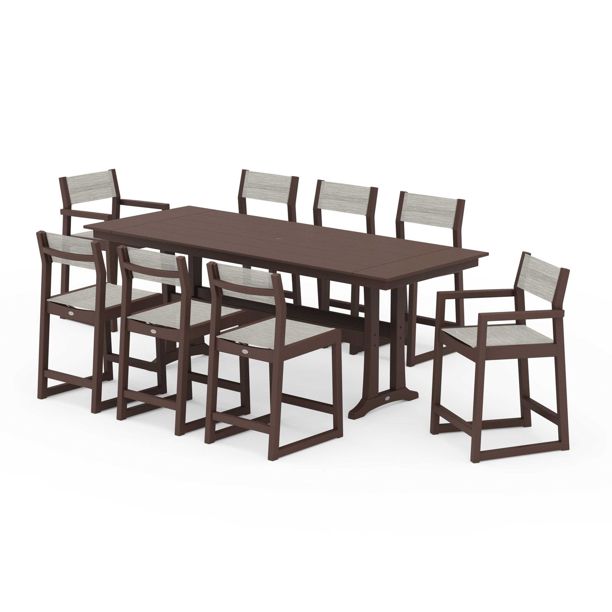 POLYWOOD EDGE Sling 9-Piece Farmhouse Counter Set with Trestle Legs — Mahogany / Birch Sling