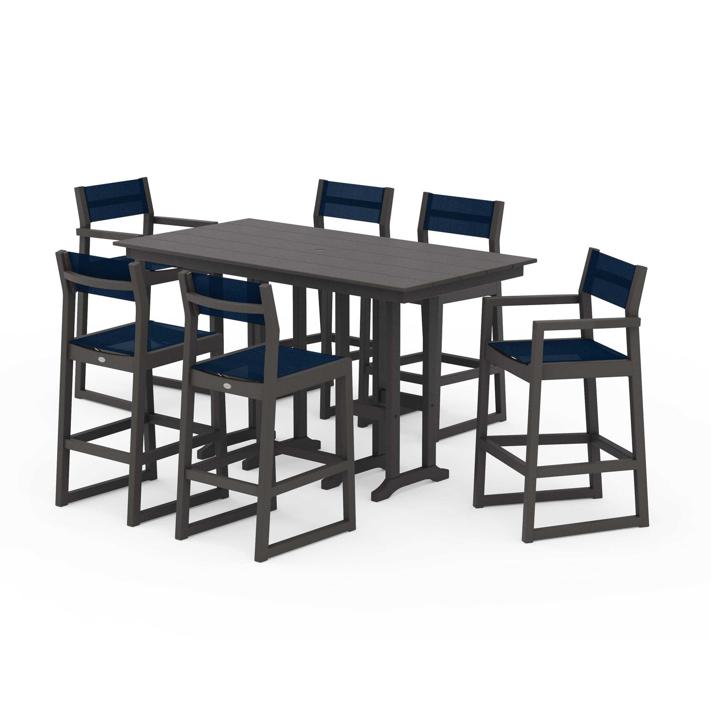 POLYWOOD EDGE Sling 7-Piece Farmhouse Bar Set — Vintage Coffee / Navy Blue Sling